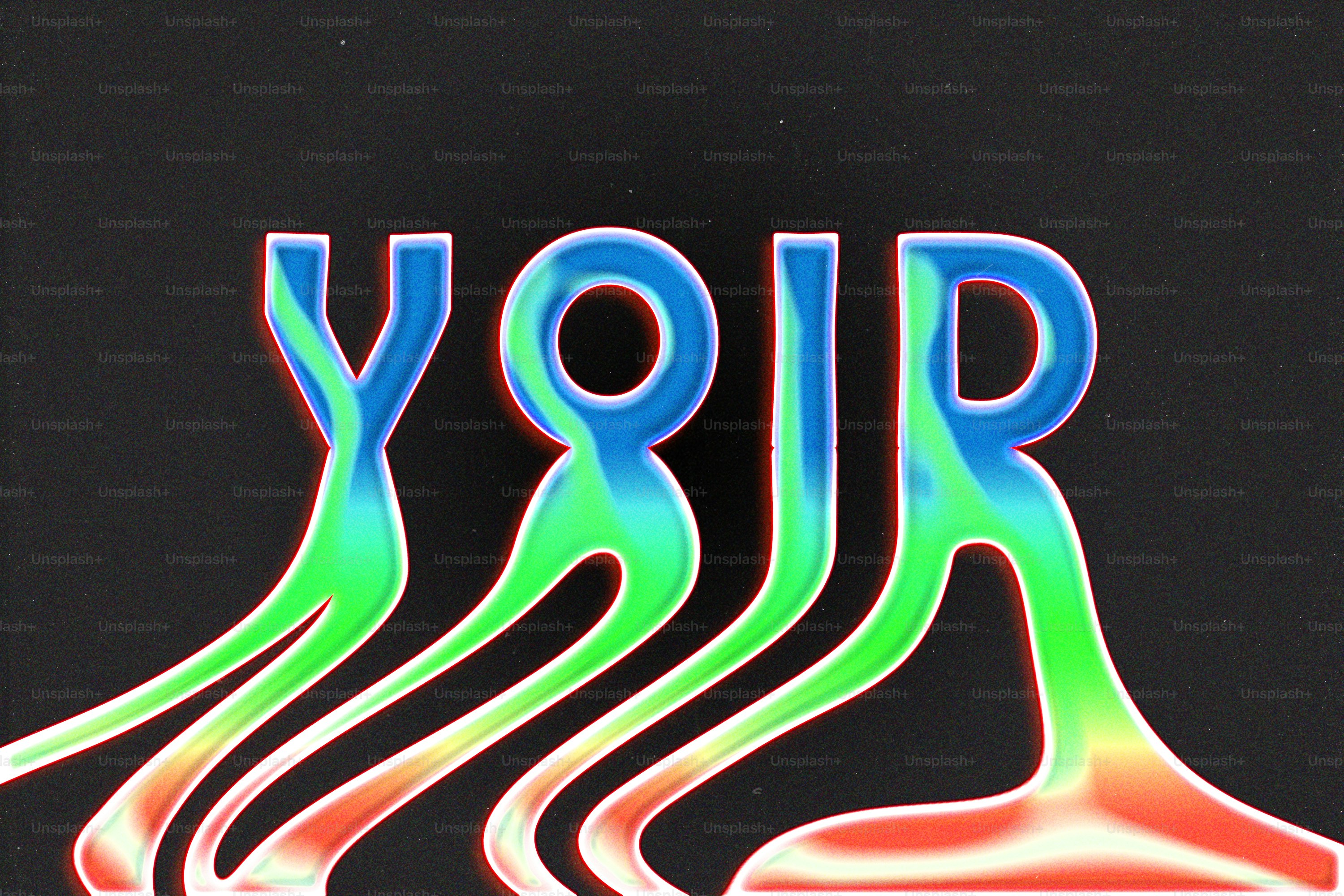 Colorful liquid letters spelling yojr on black background
