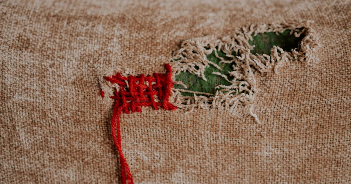 Wirey Thread Almost Ripped Red thread mending a torn fabric with green backing. photo – Repair ...