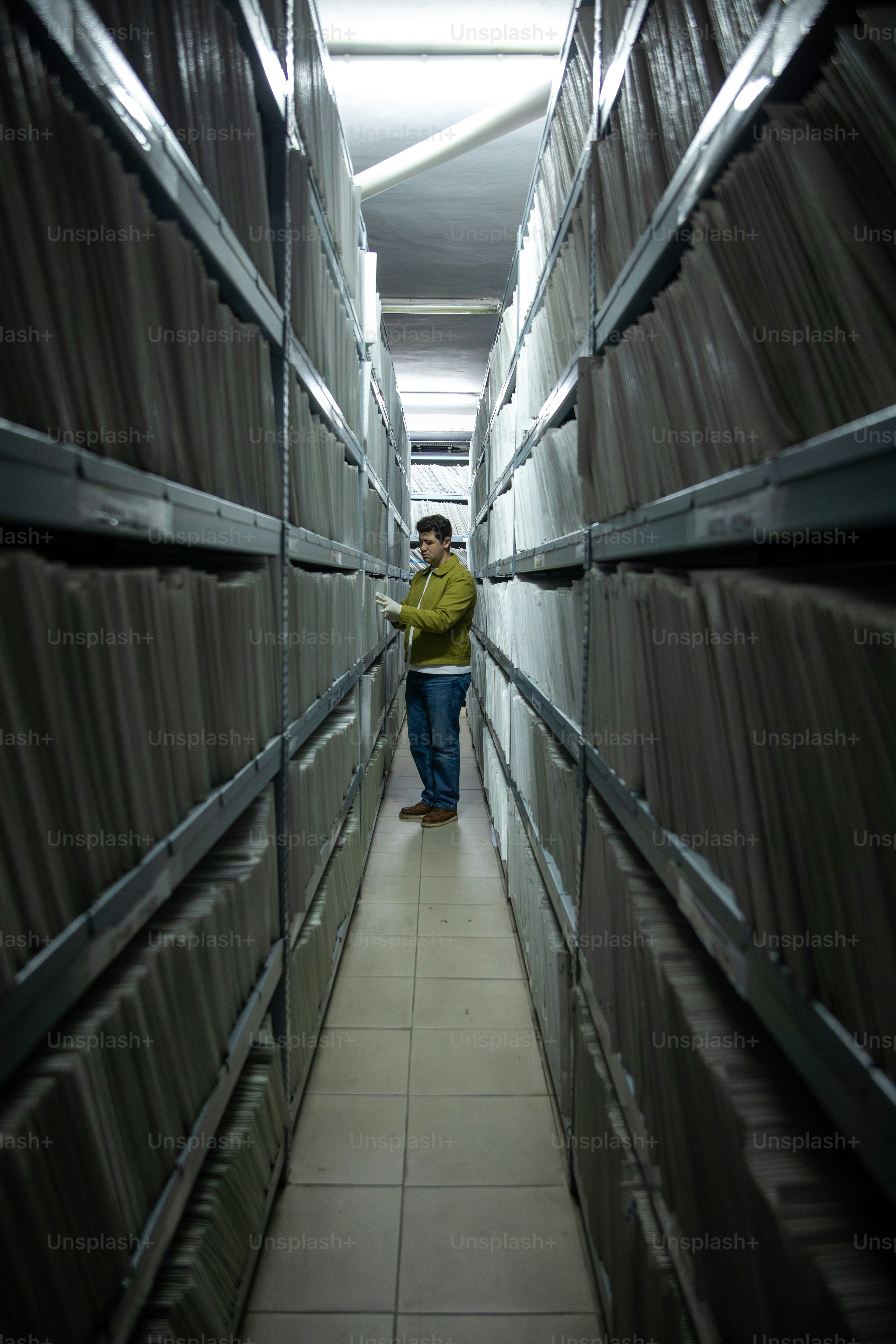 Man standing between rows of file cabinets