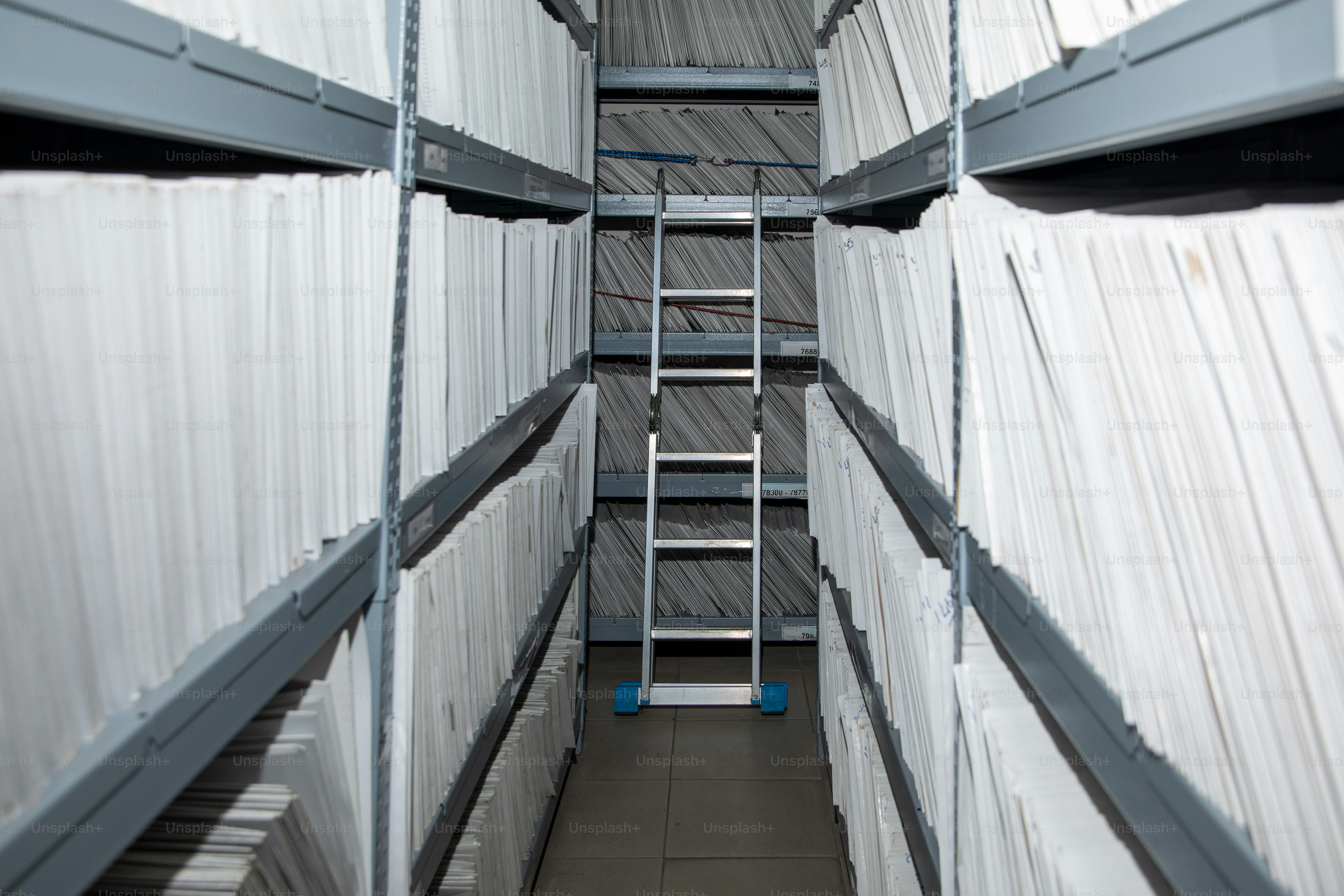 저장 공간에 있는 흰색 파일 줄 사이의 사다리.