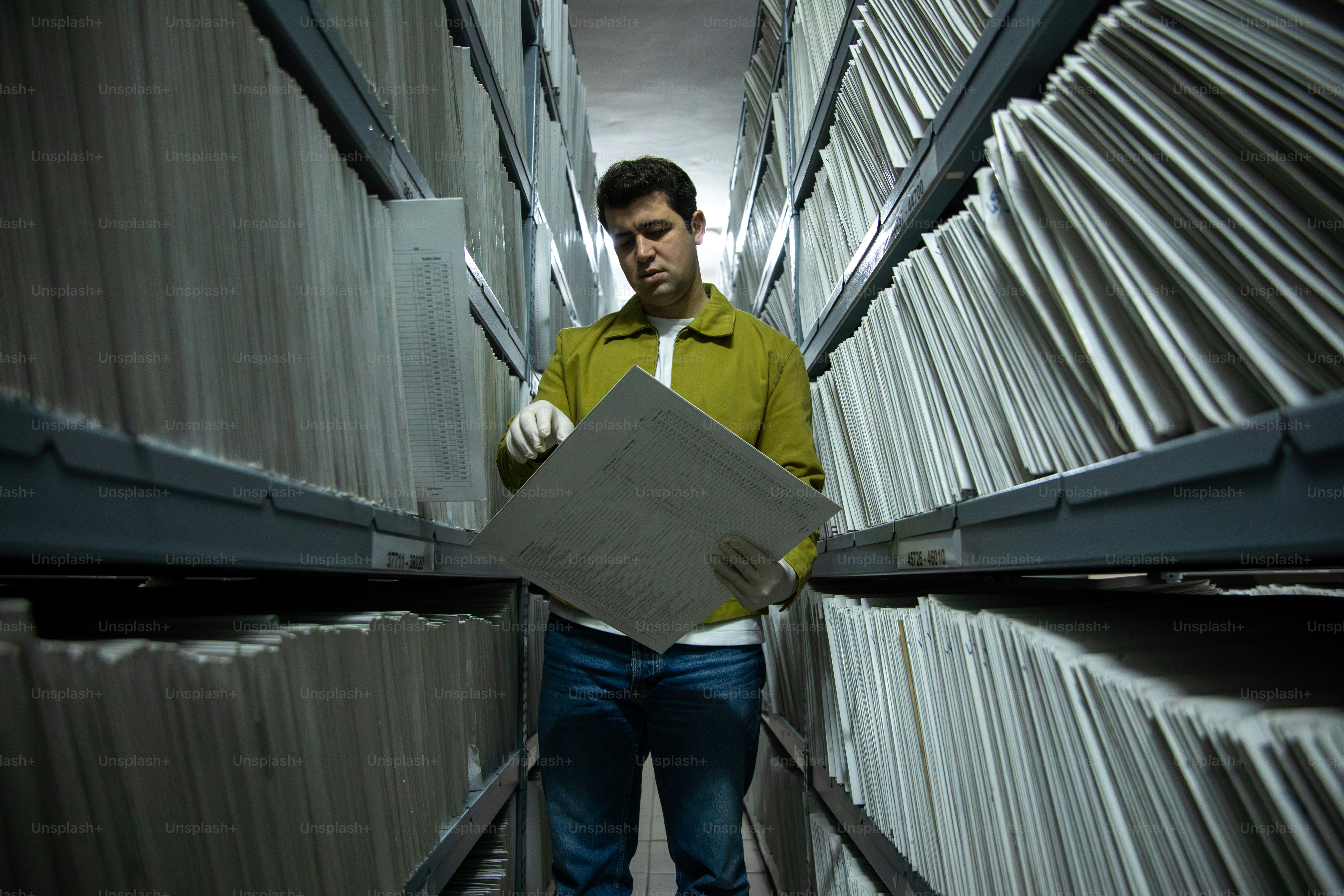 Man looking through files in a large archive