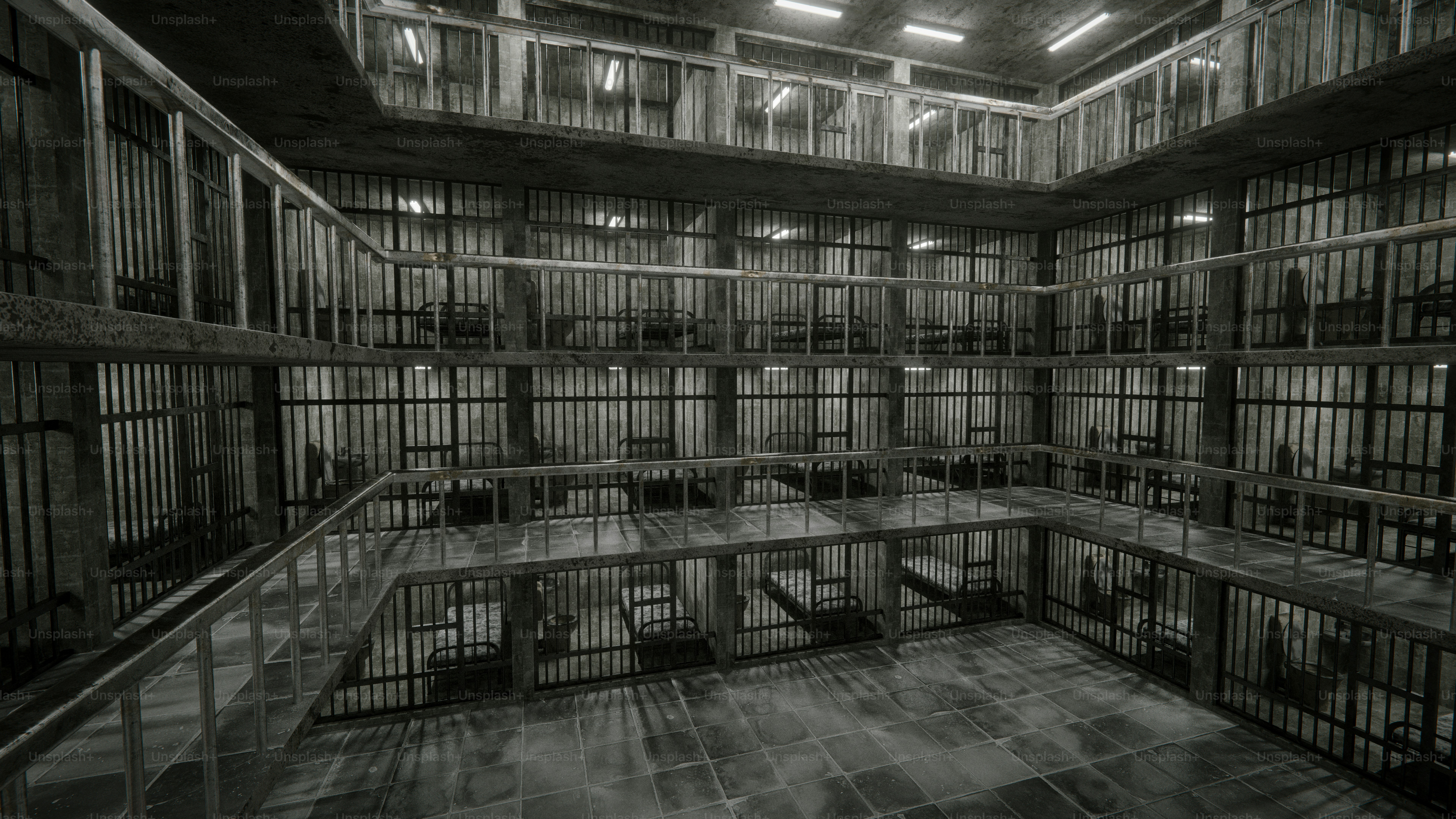 A dark, eerie prison cell block with multiple levels.