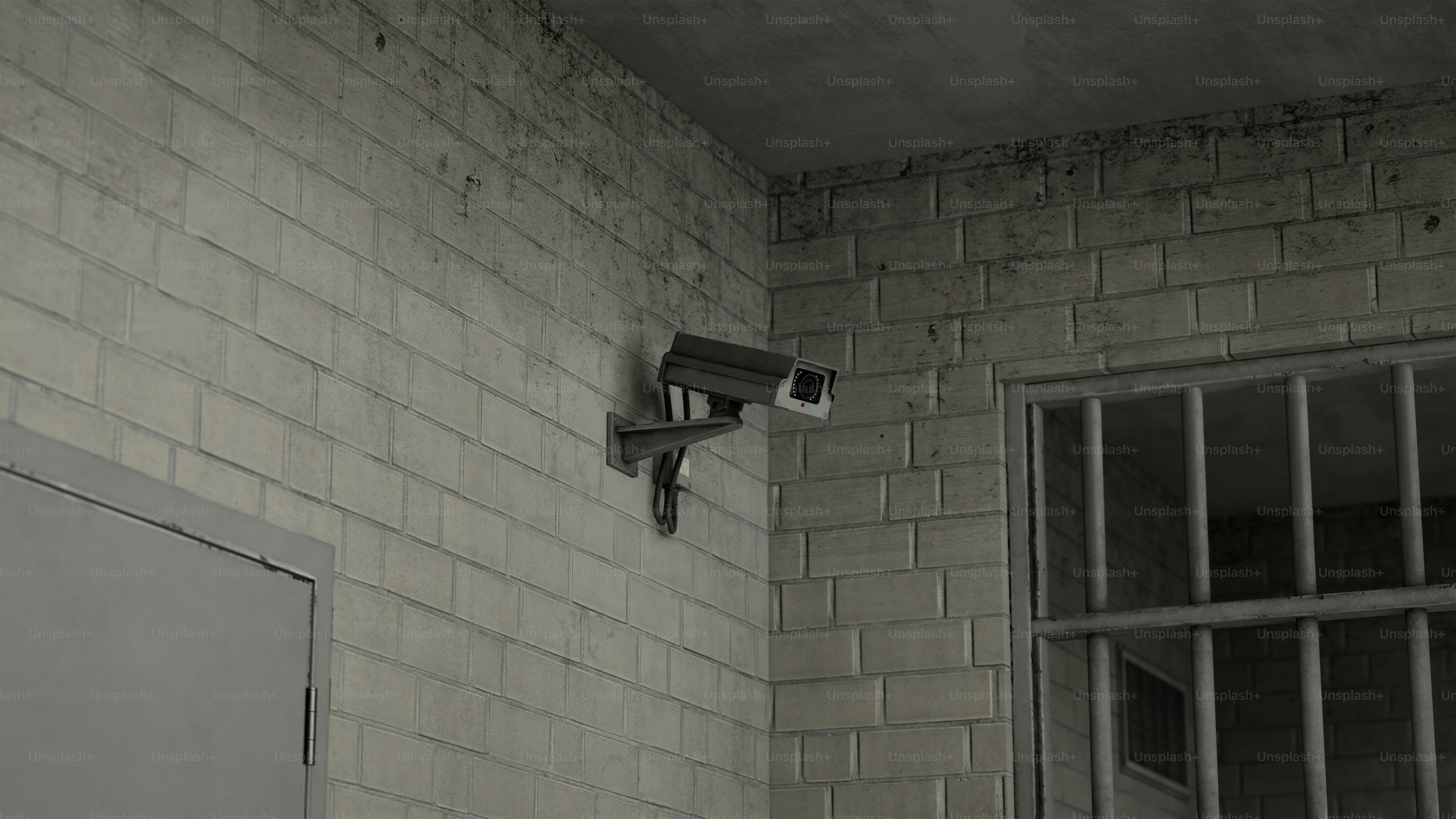 Security camera mounted on brick wall near barred window
