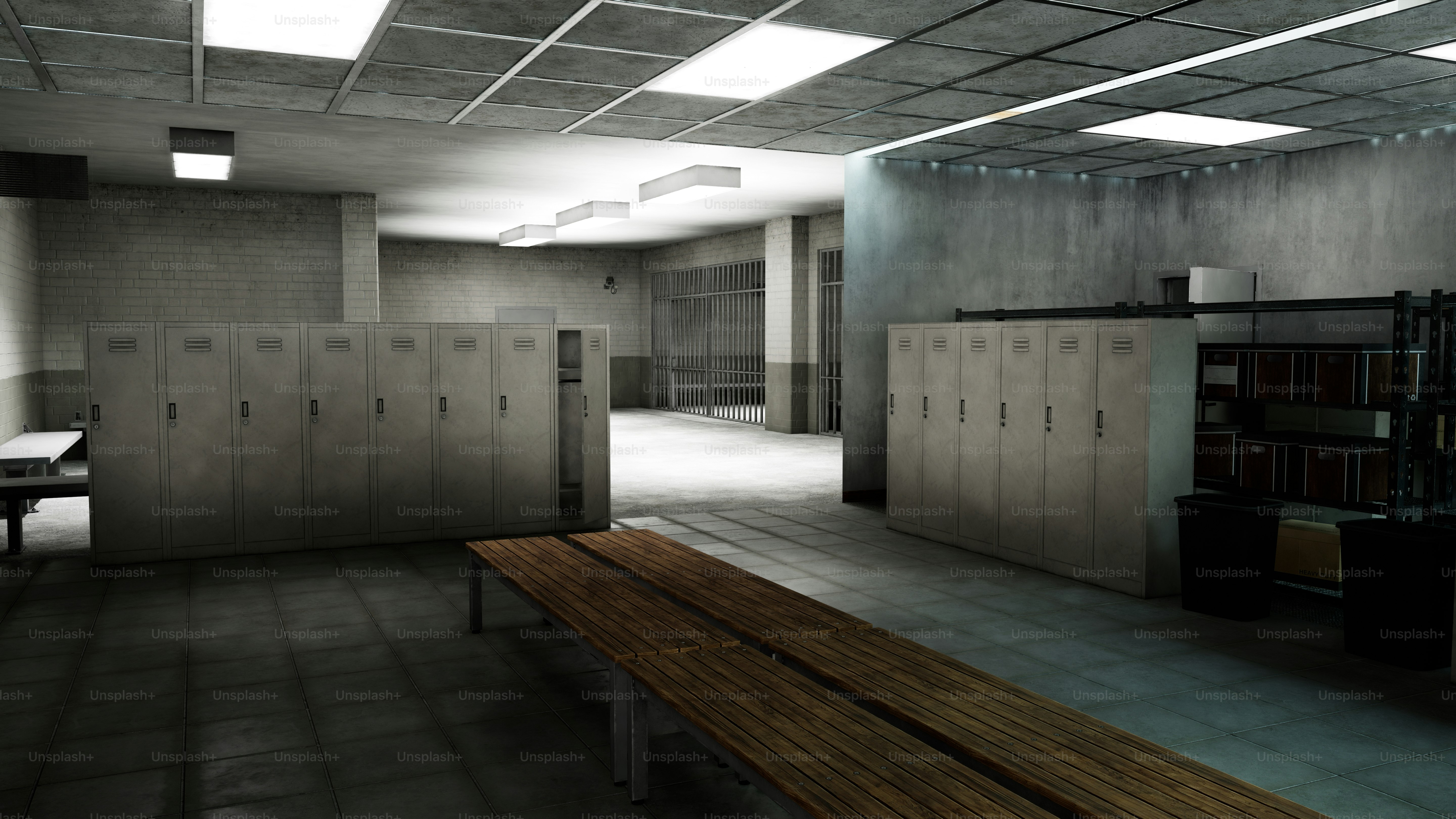 Empty locker room with benches and shelves