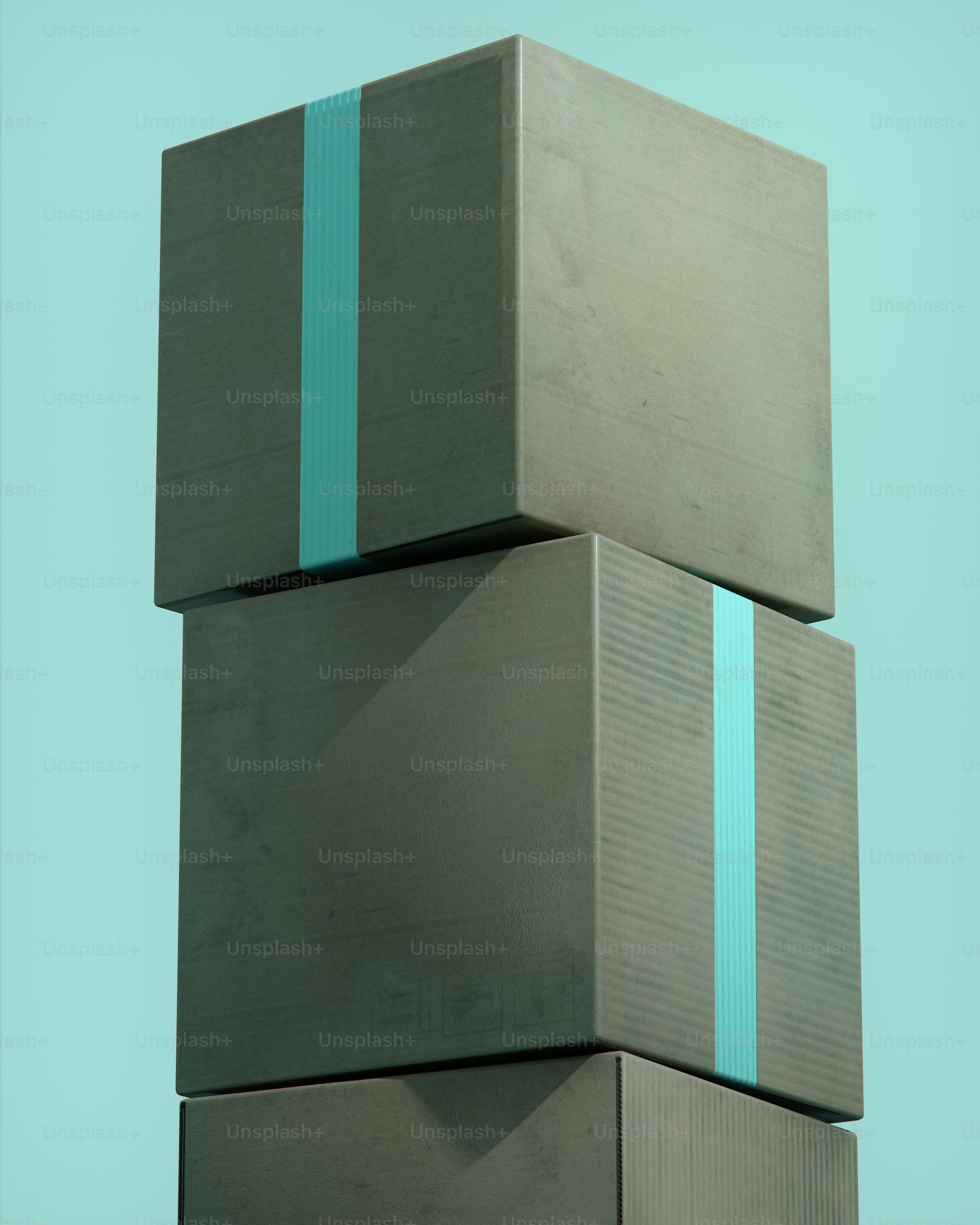 Three gray boxes stacked on a blue background photo – 3d render Image ...