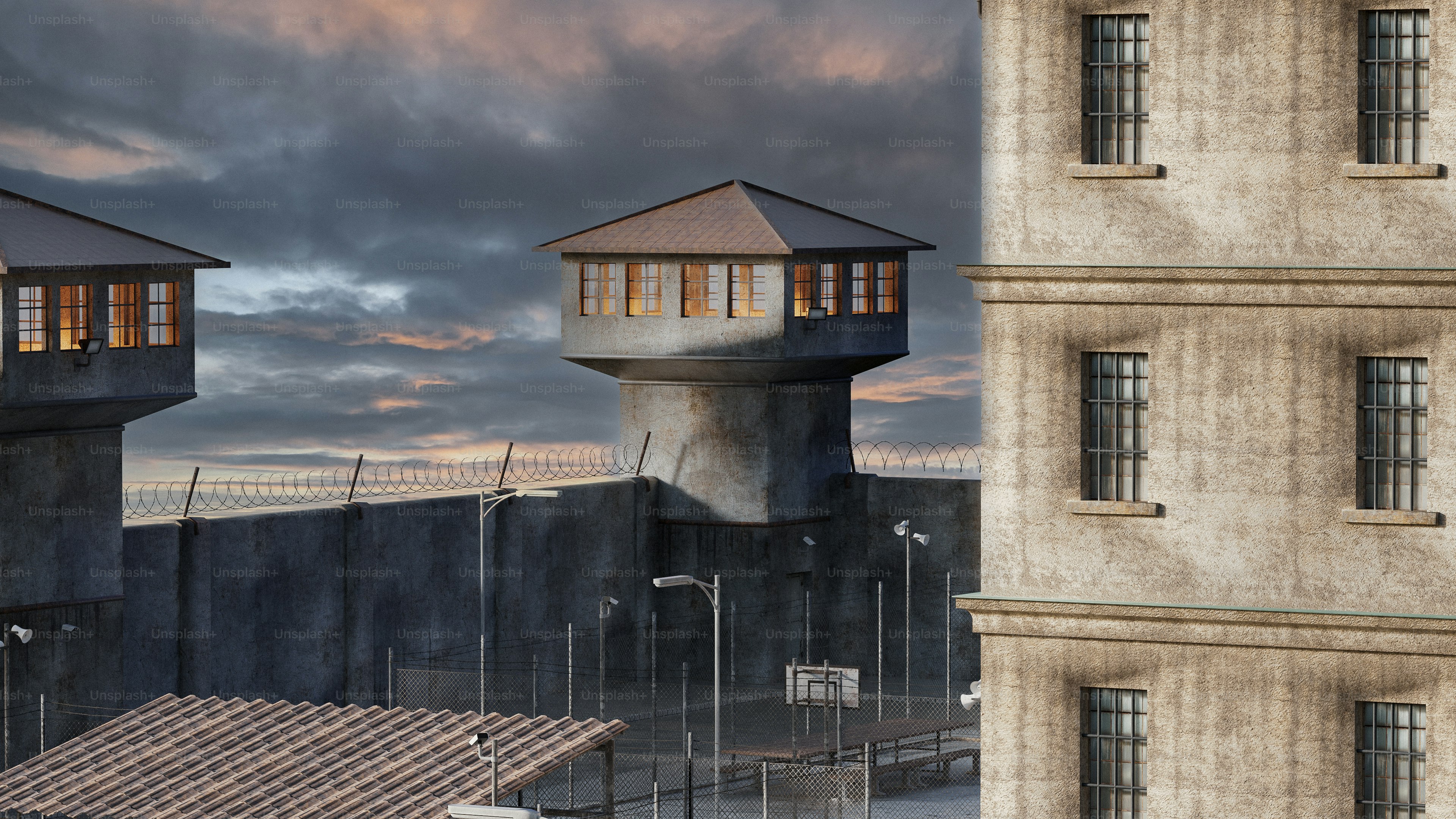 Prison towers and walls under a cloudy sky