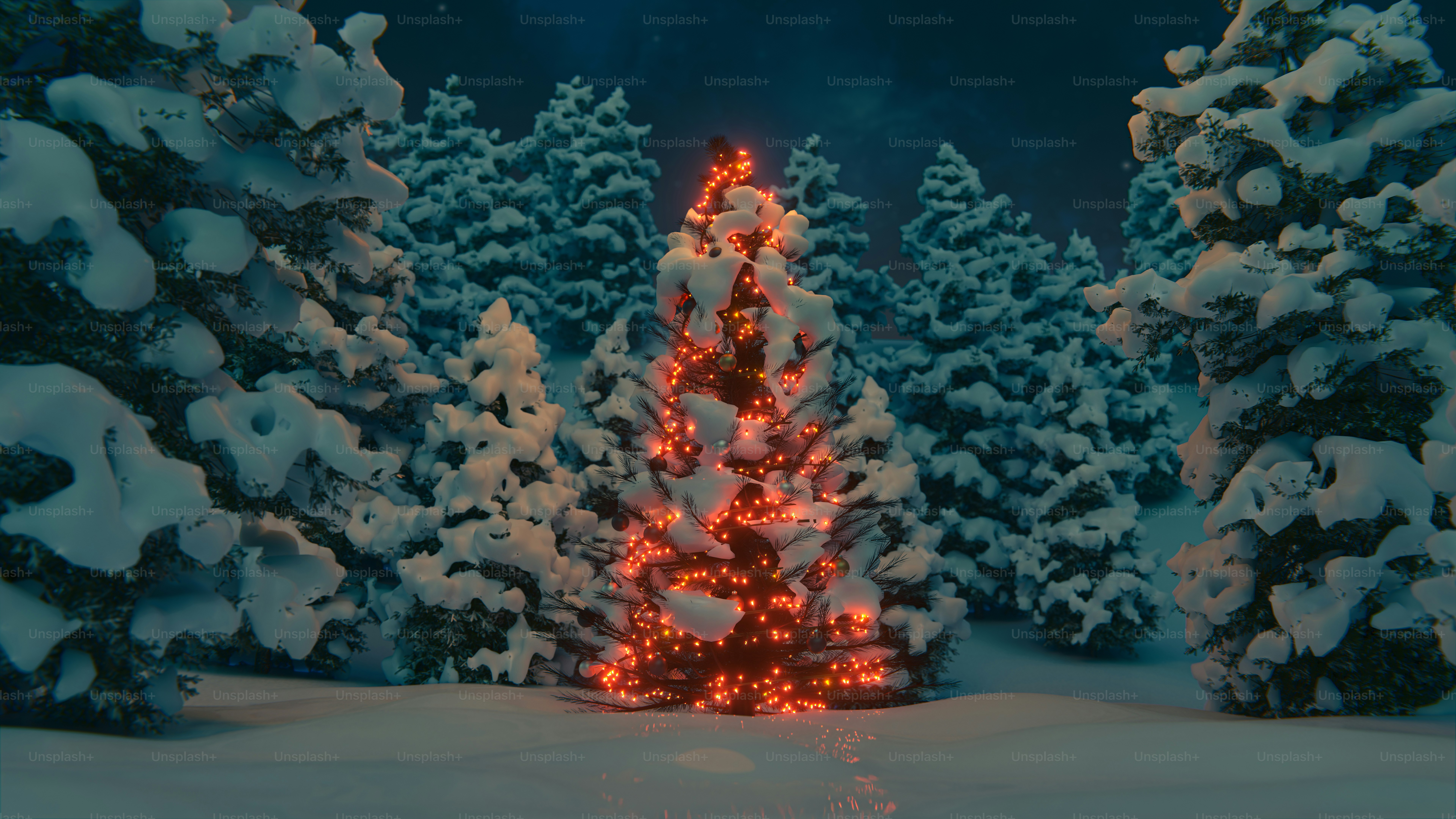Un árbol de Navidad decorado en un bosque nevado
