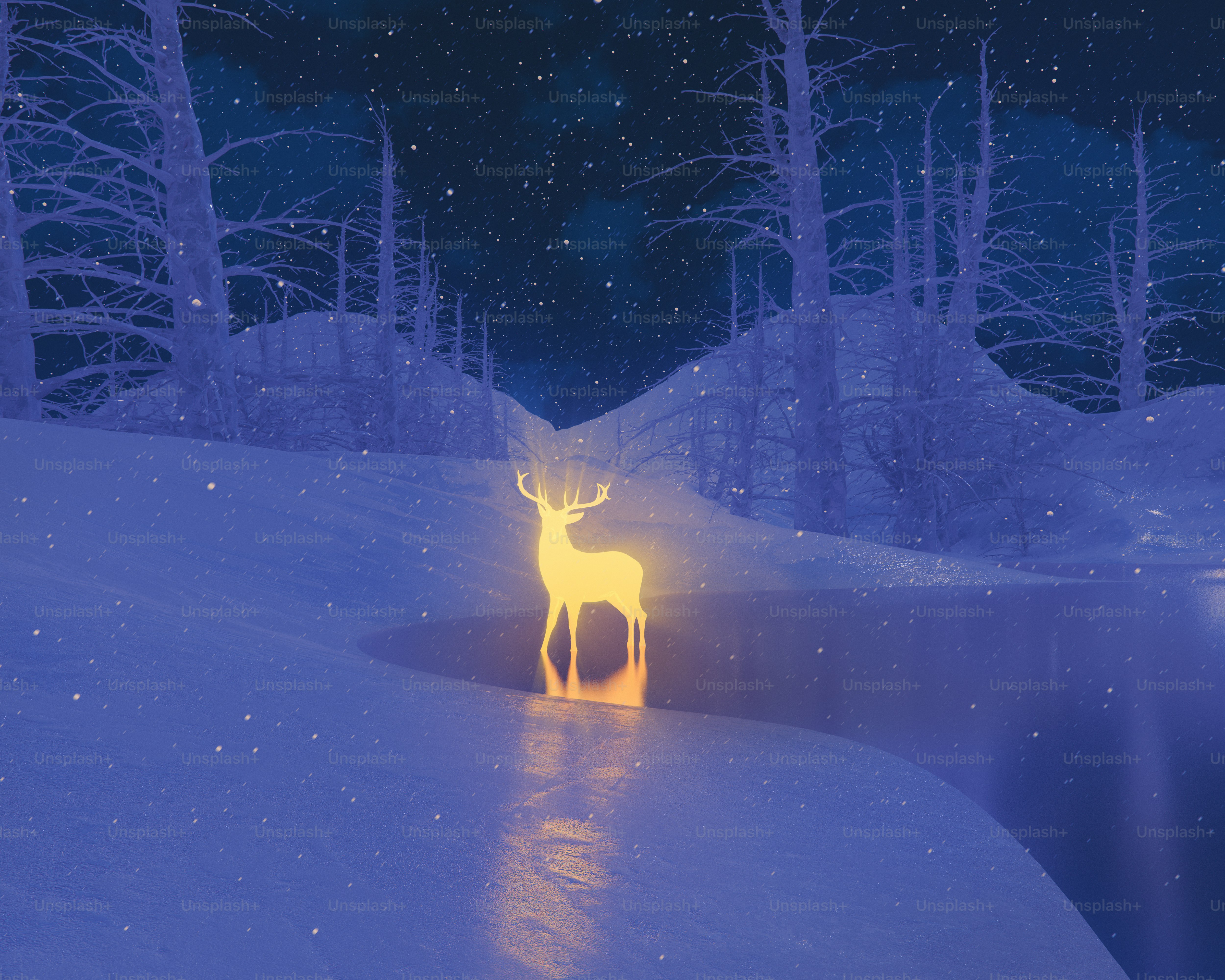 Renas brilhantes estão em uma floresta nevada à noite.