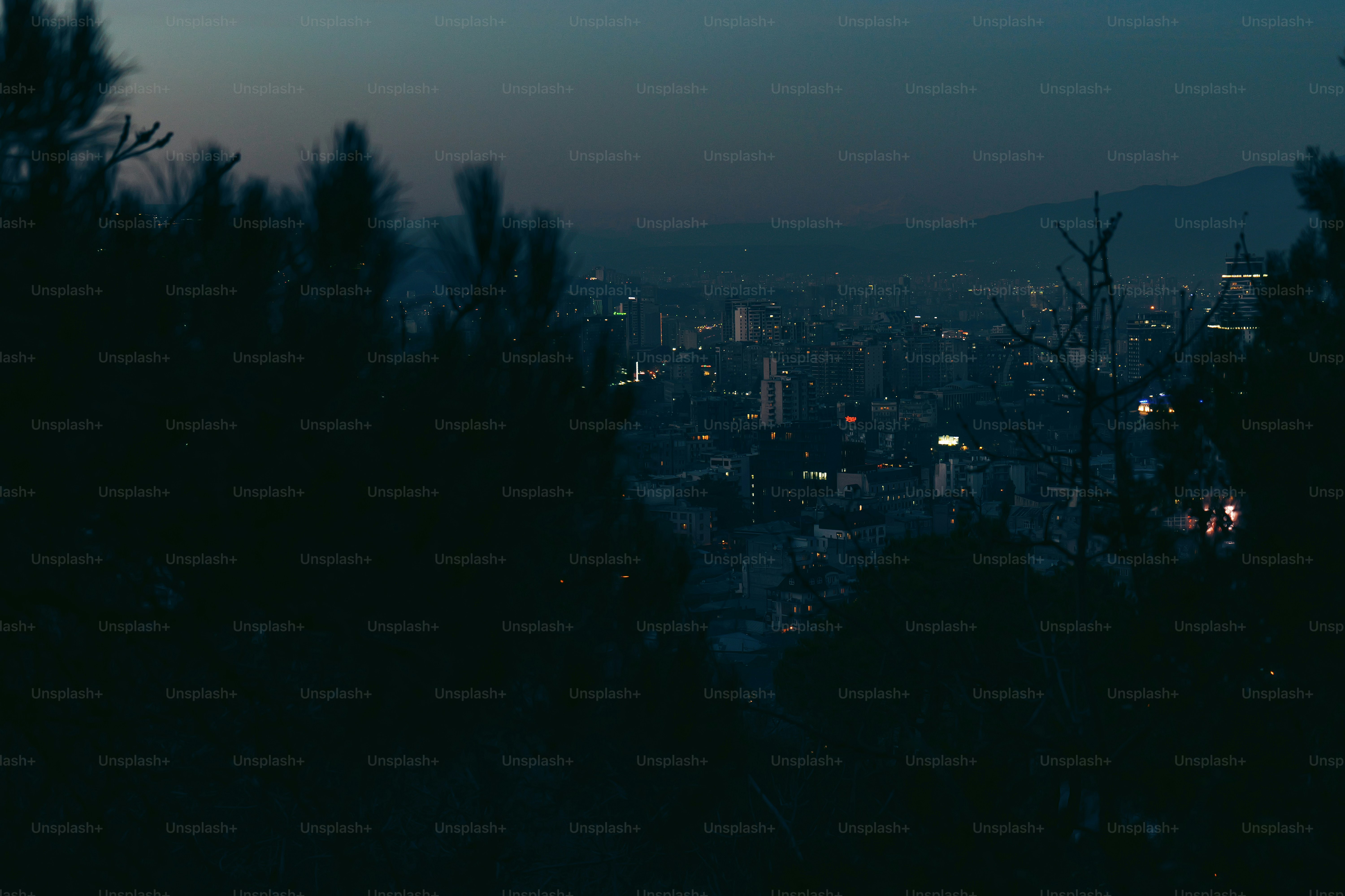 City lights twinkle in the distance at dusk.