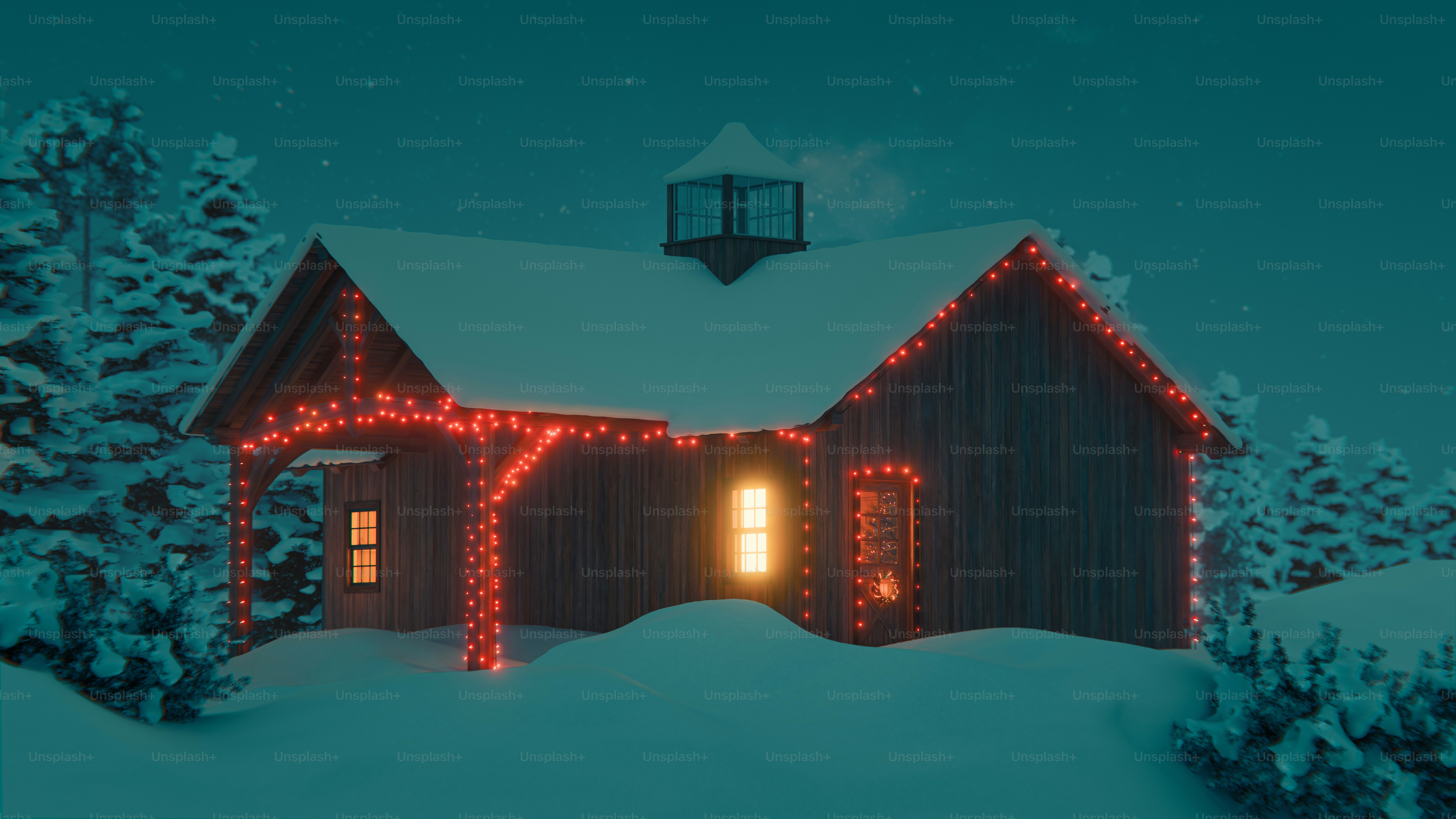 A cozy cabin decorated with christmas lights in snow. photo – Winter ...