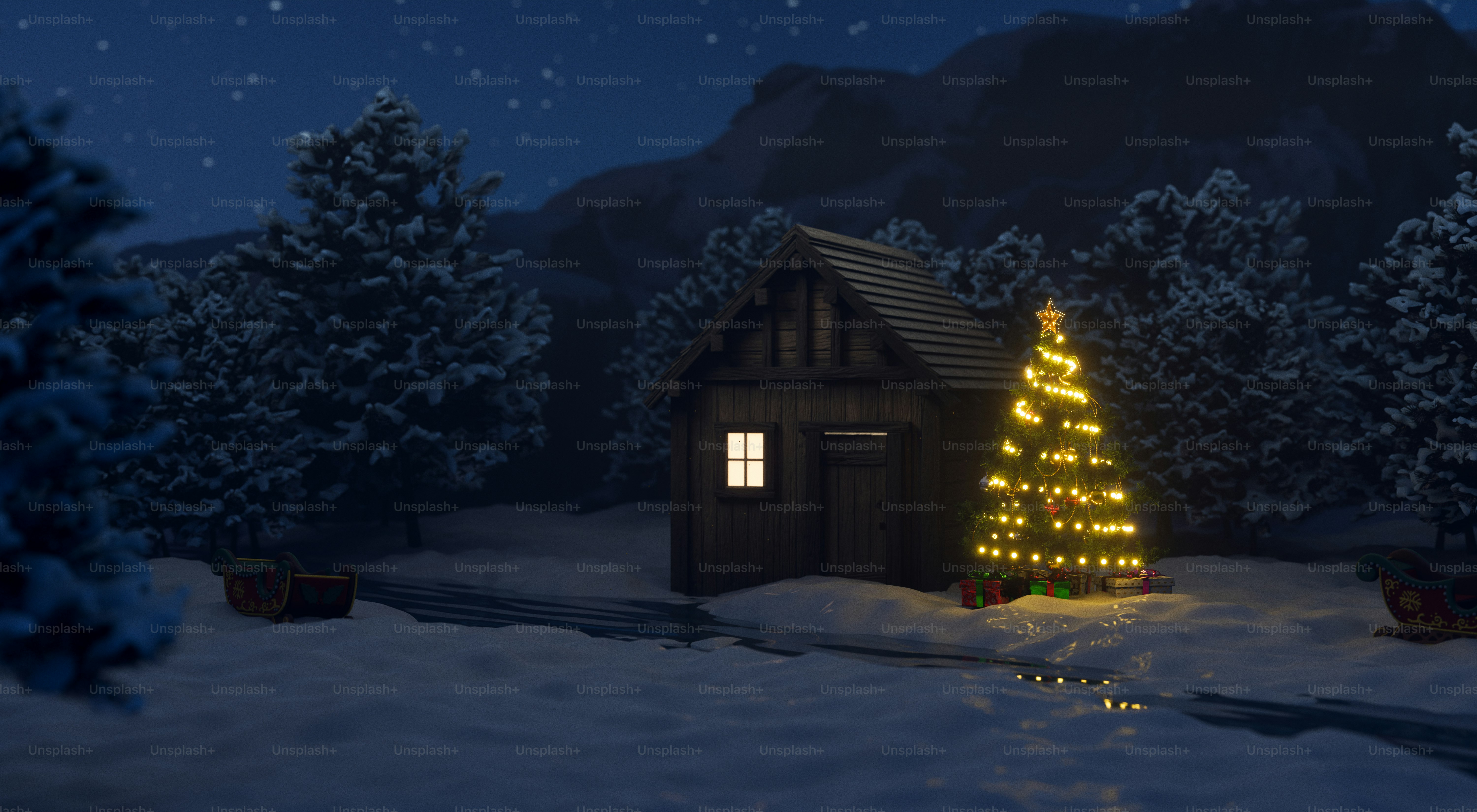 Cozy cabin with christmas tree in snowy night landscape.
