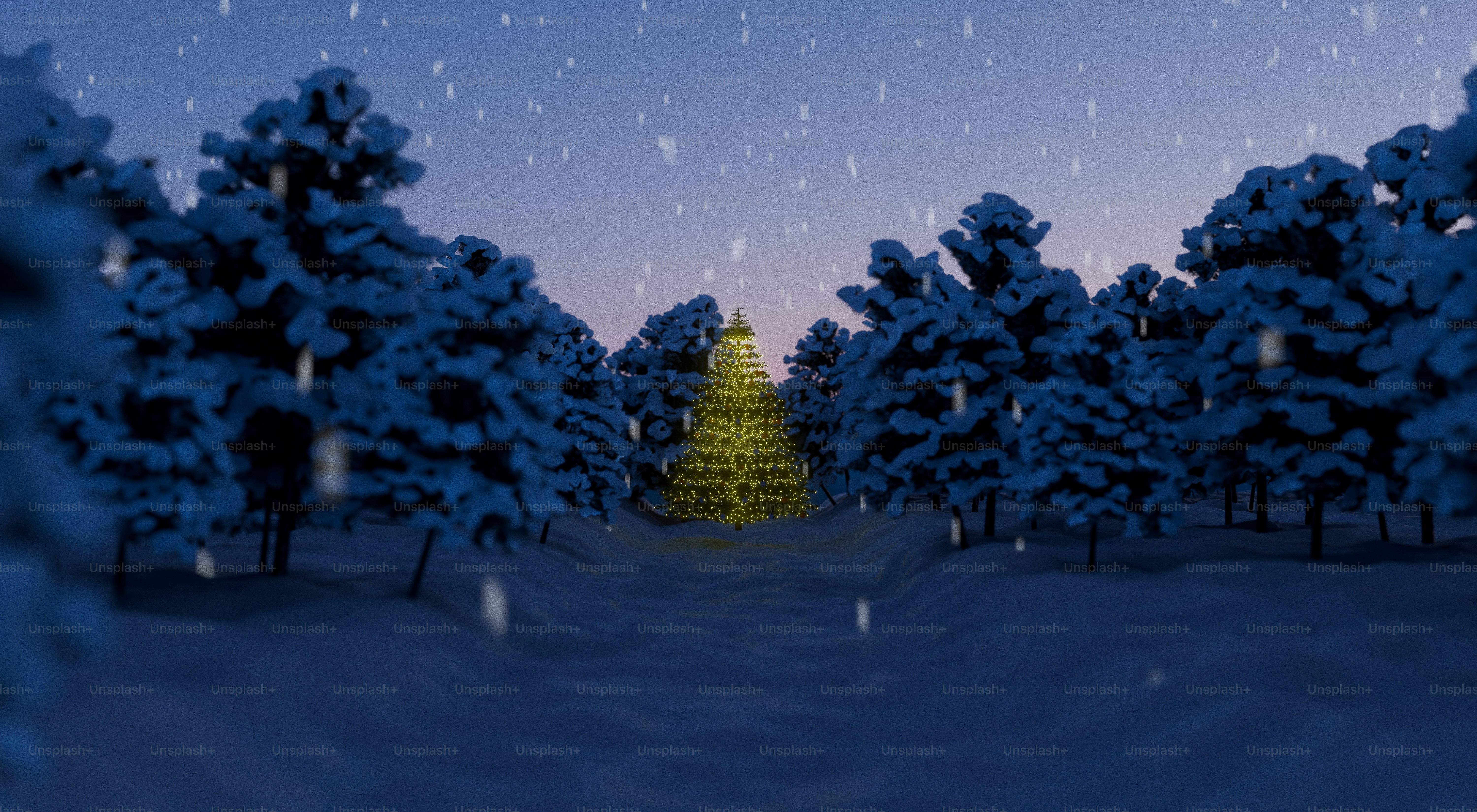 A lit christmas tree in a snowy forest