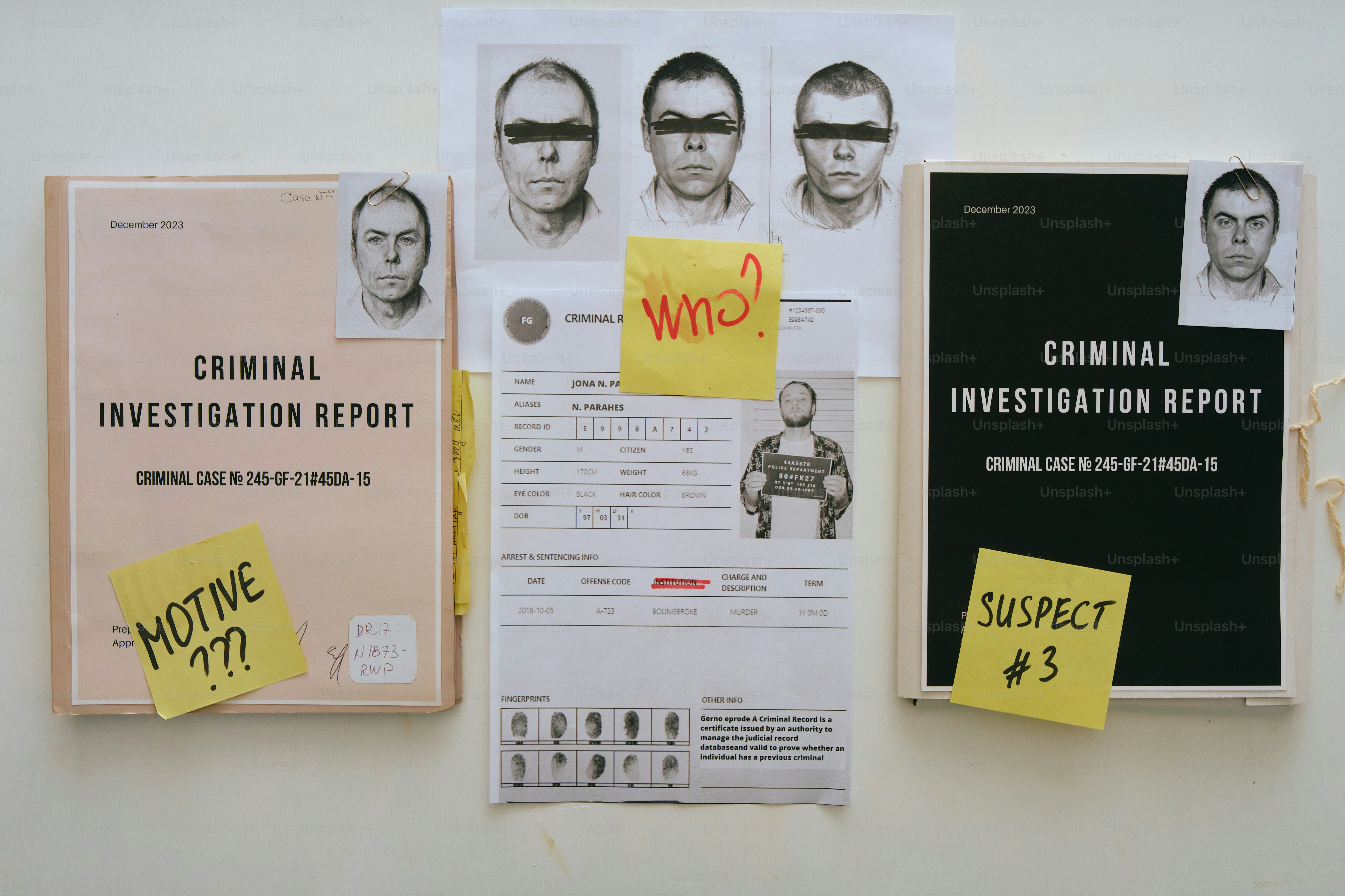 Criminal investigation reports with suspect photos and notes.