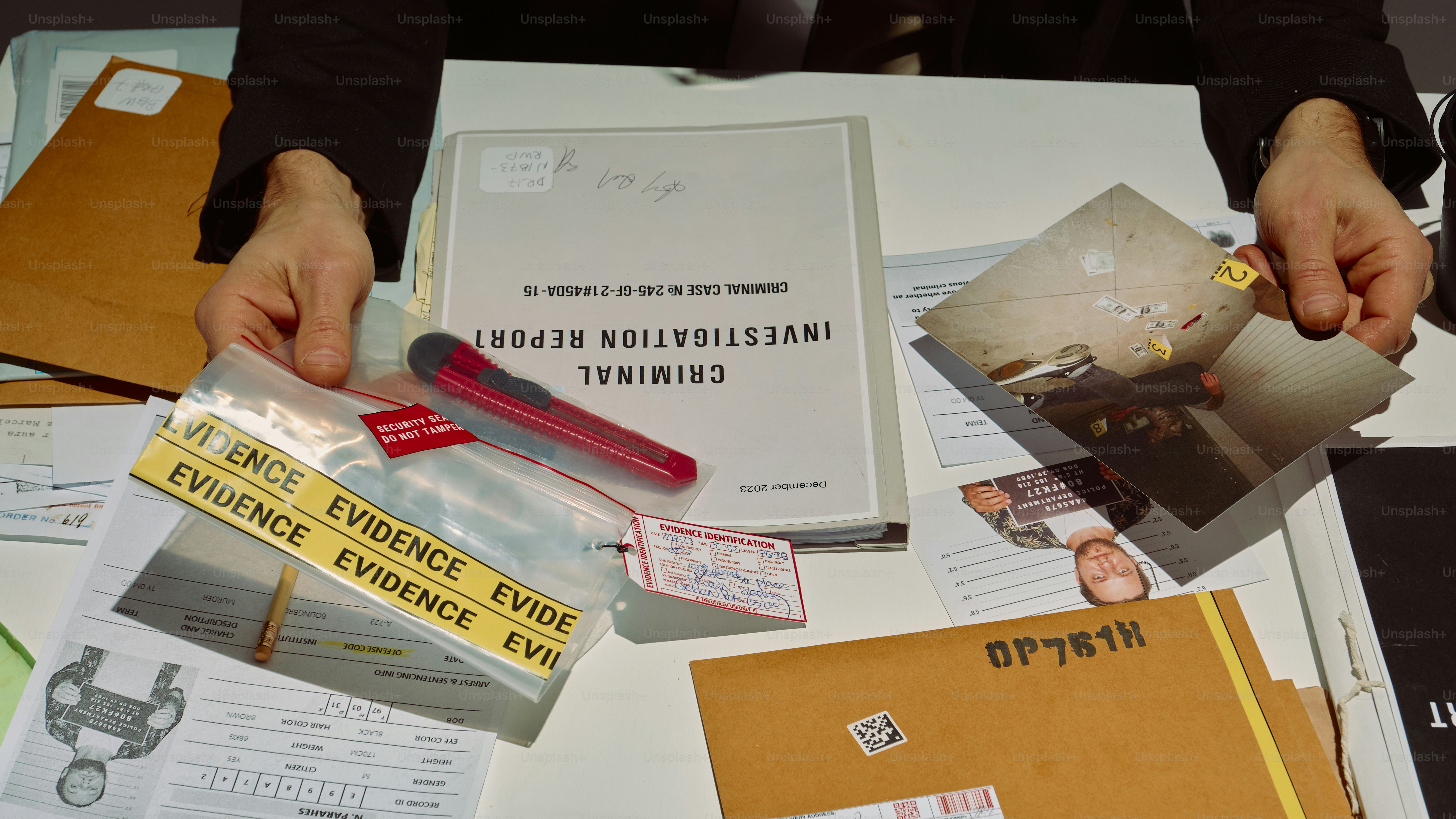 Criminal investigation report with evidence bags and photos. photo ...