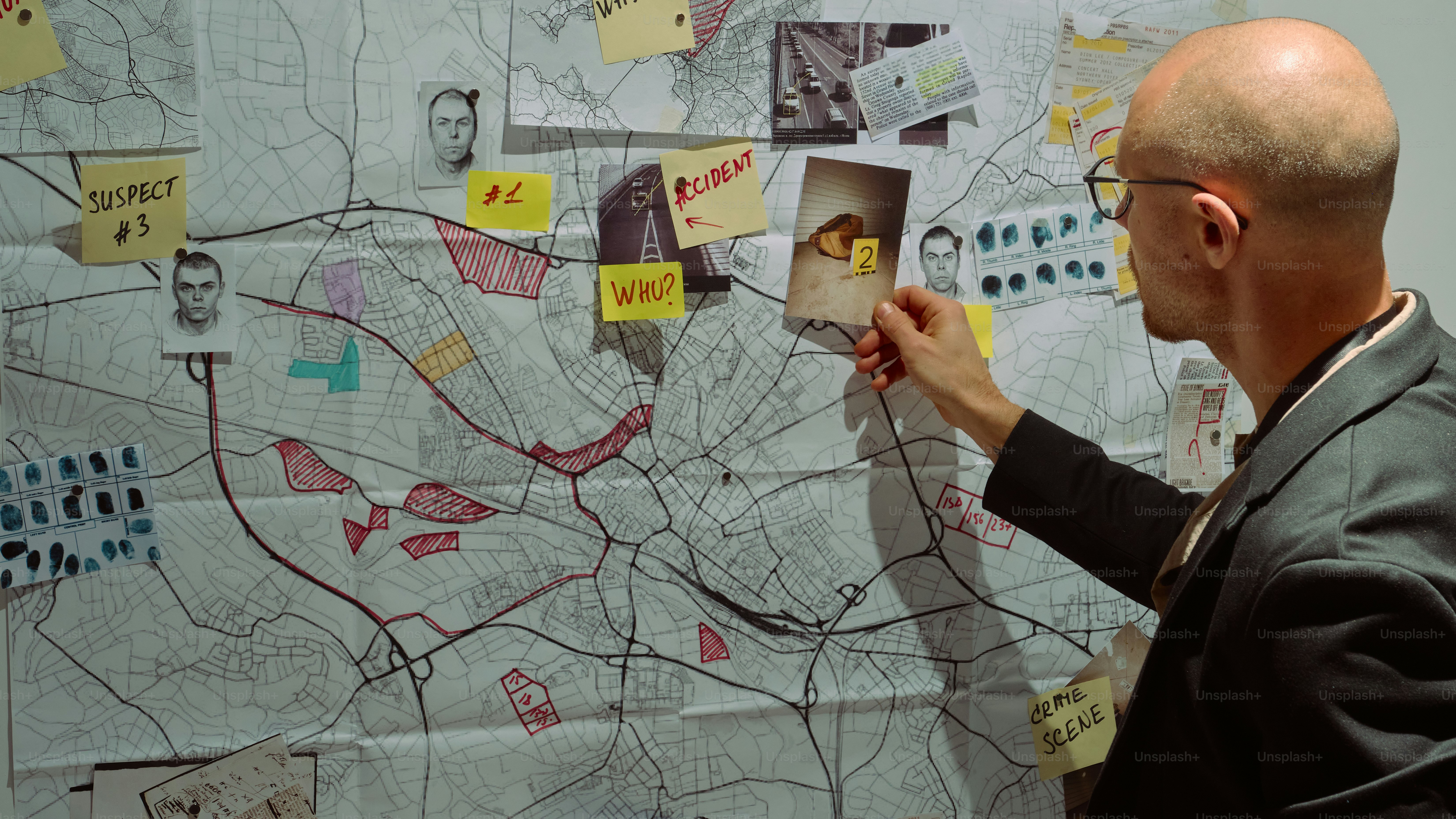 Detective examining a crime map with photos and photos. photo – Map ...