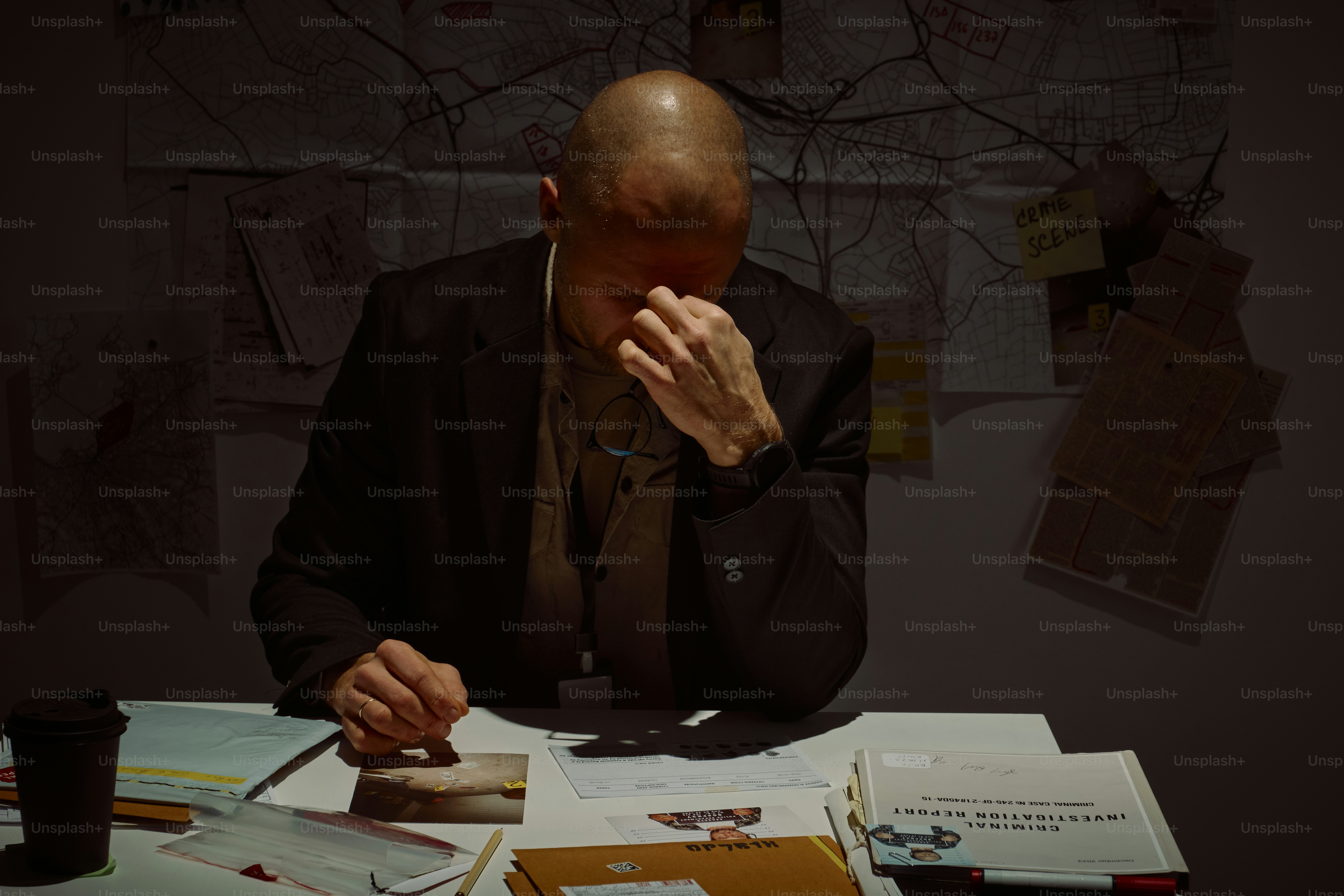 Man sitting at desk with head in hands.
