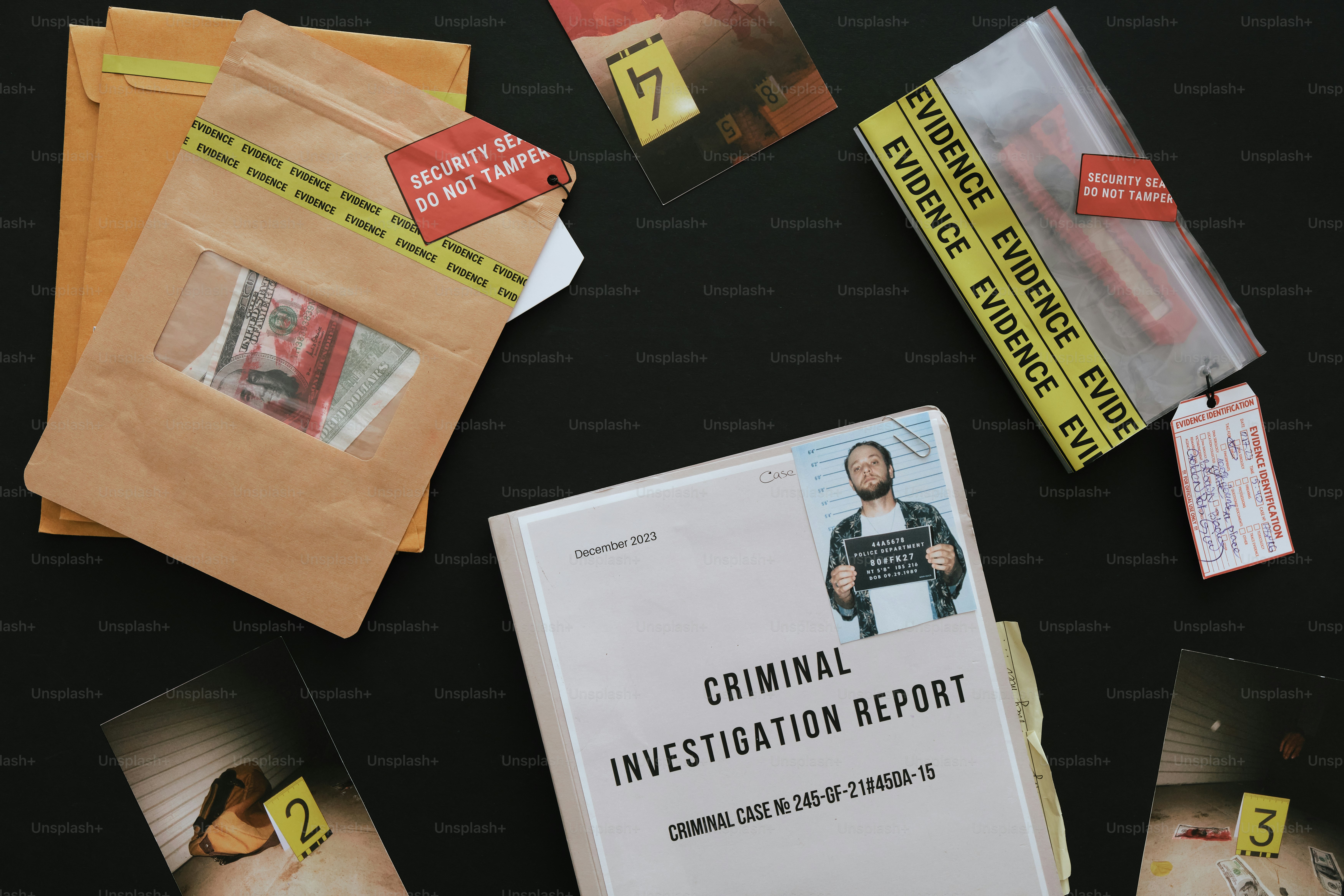 Criminal investigation report with suspect photos and evidence. photo ...