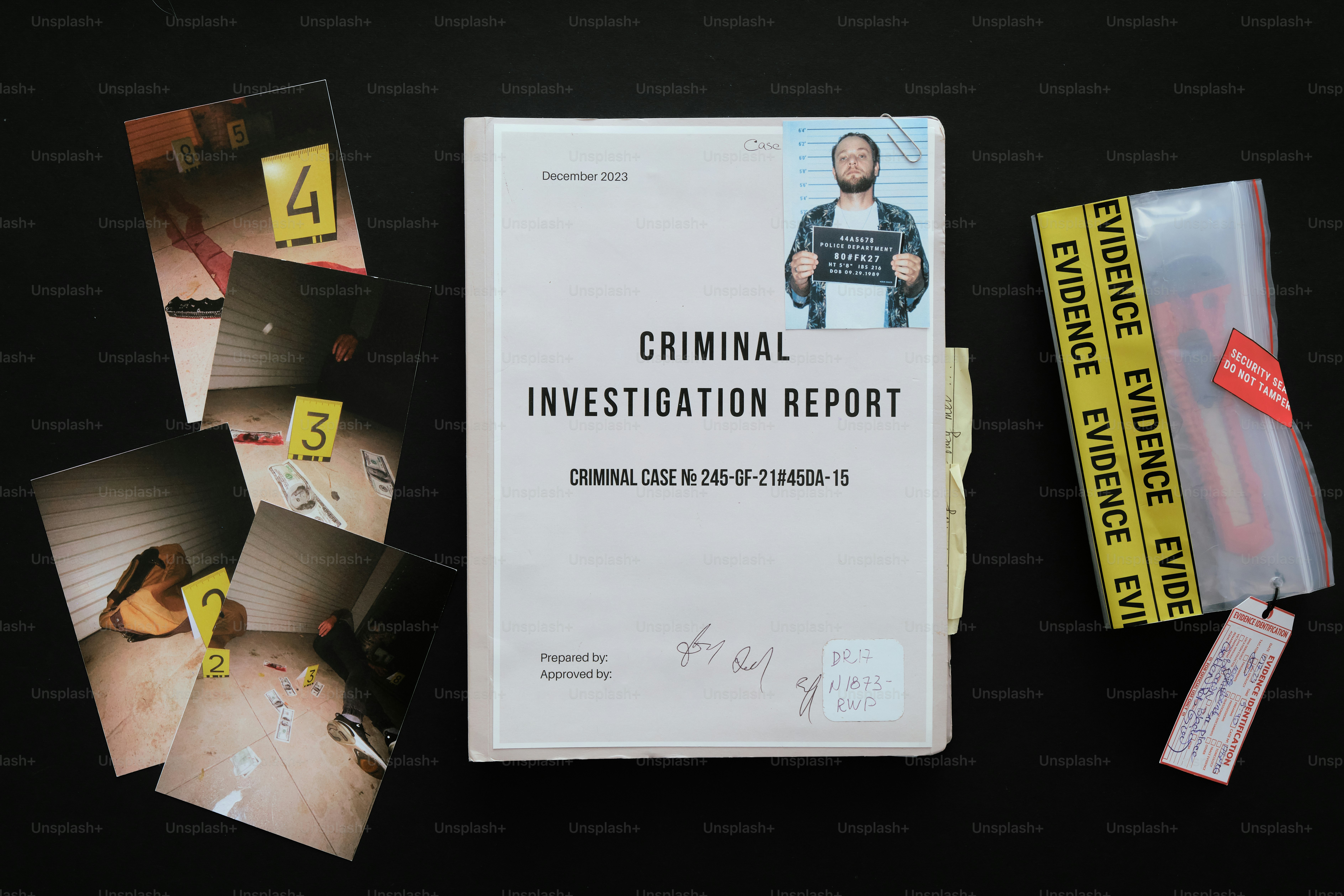 Criminal investigation report with crime scene photos and evidence.