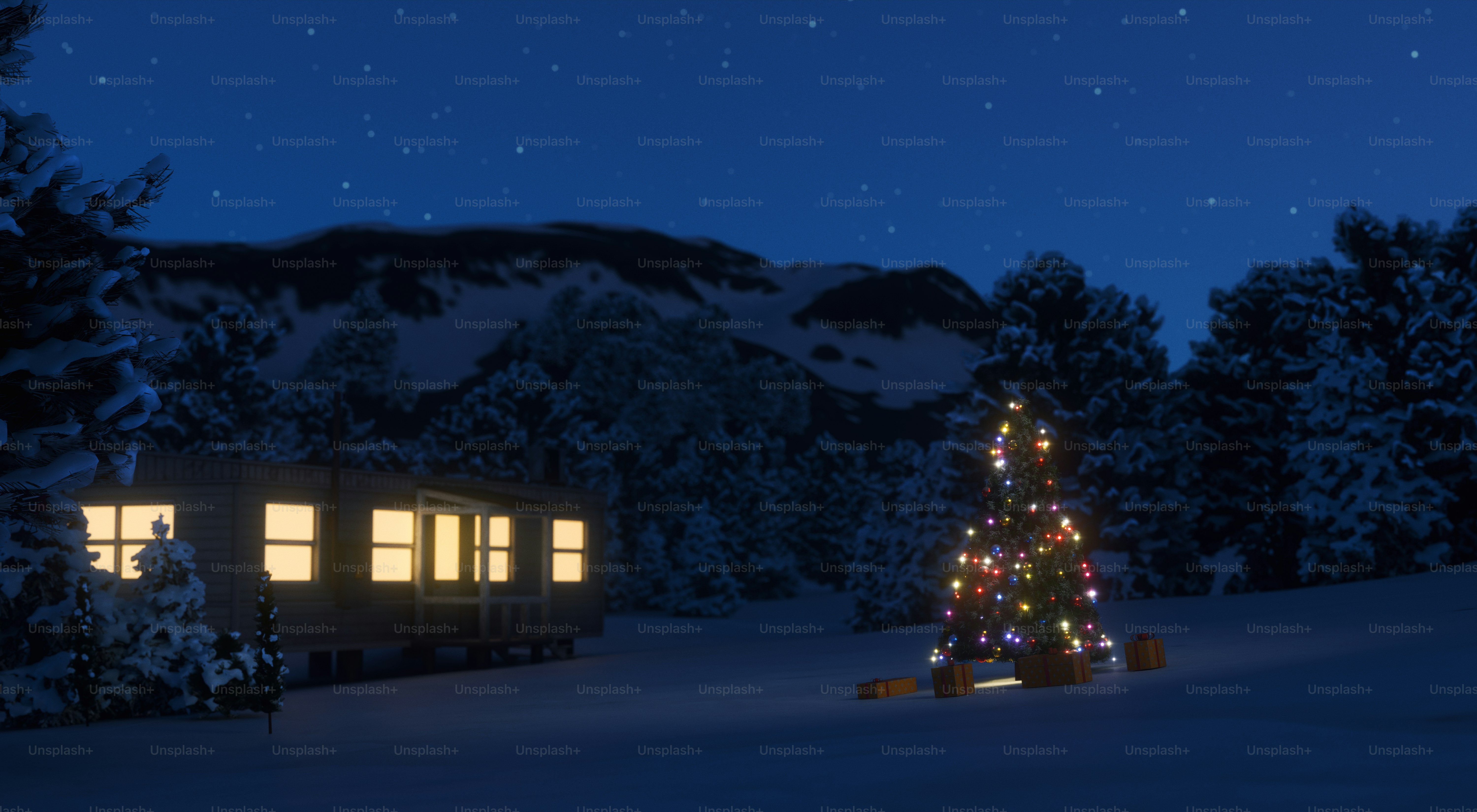 A cozy cabin and decorated tree in snowy night.