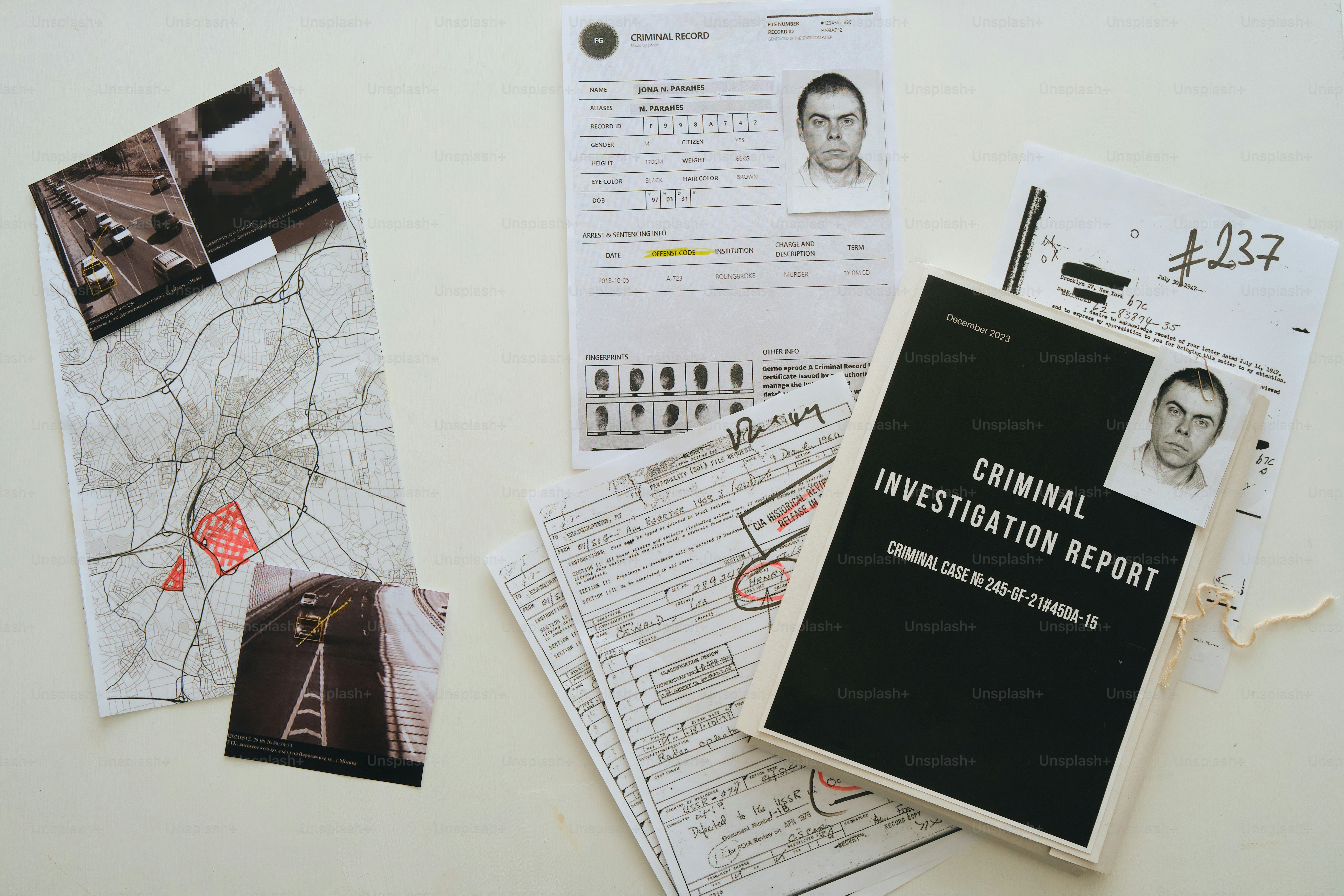 Criminal investigation report with map and photos.