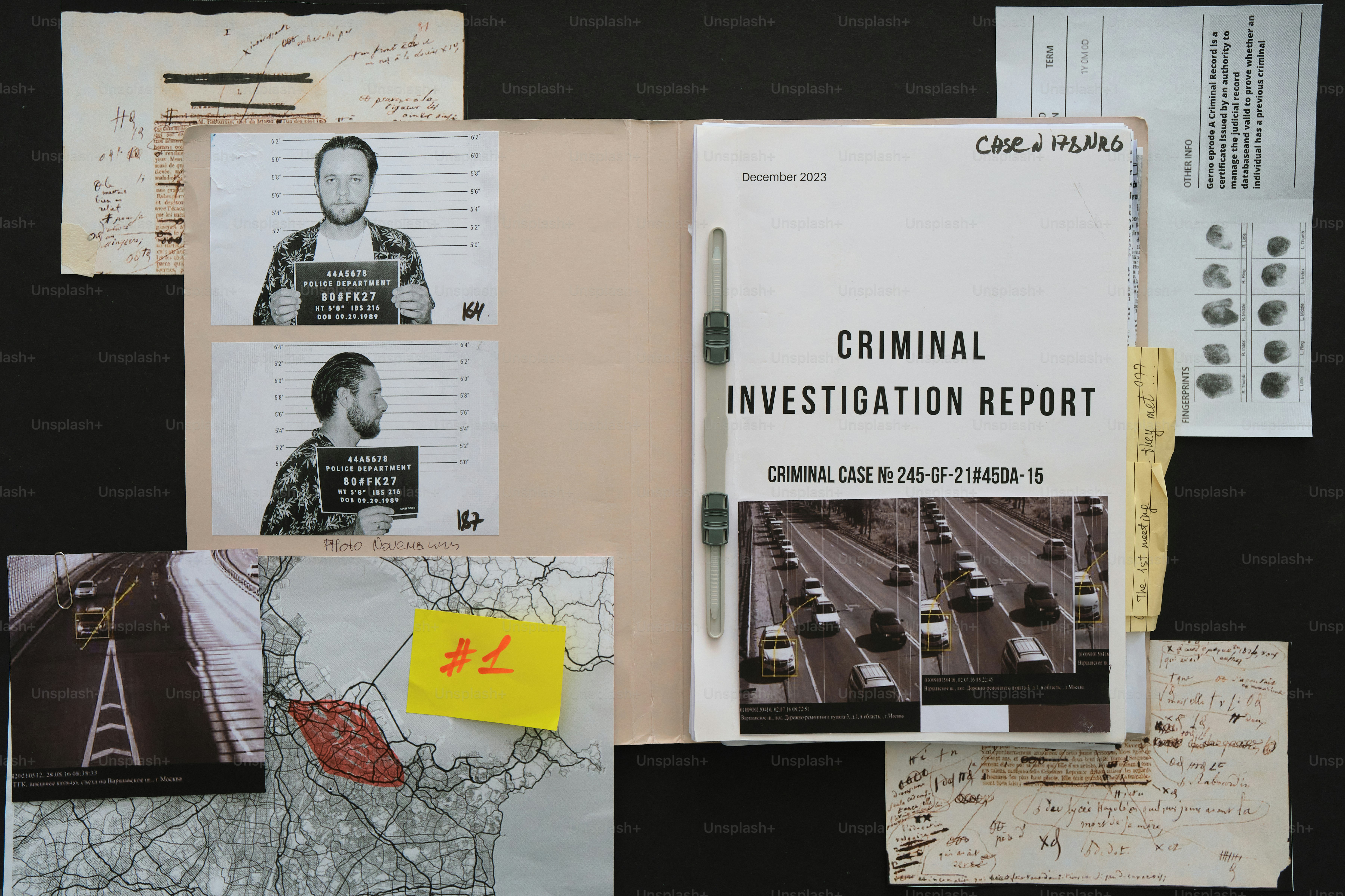 Criminal investigation report with mugshots and maps.