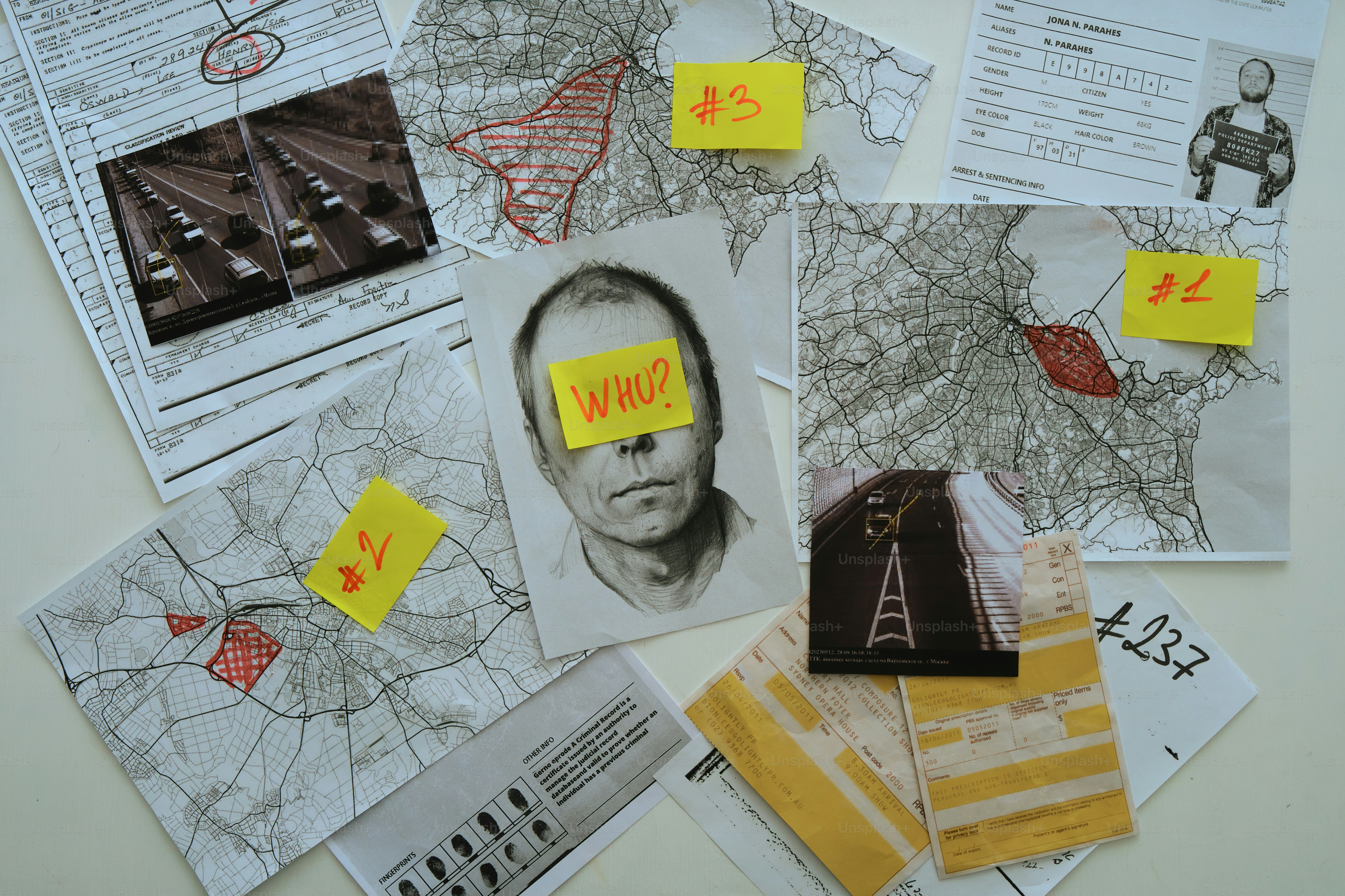 Investigation board with maps, sketches, and notes