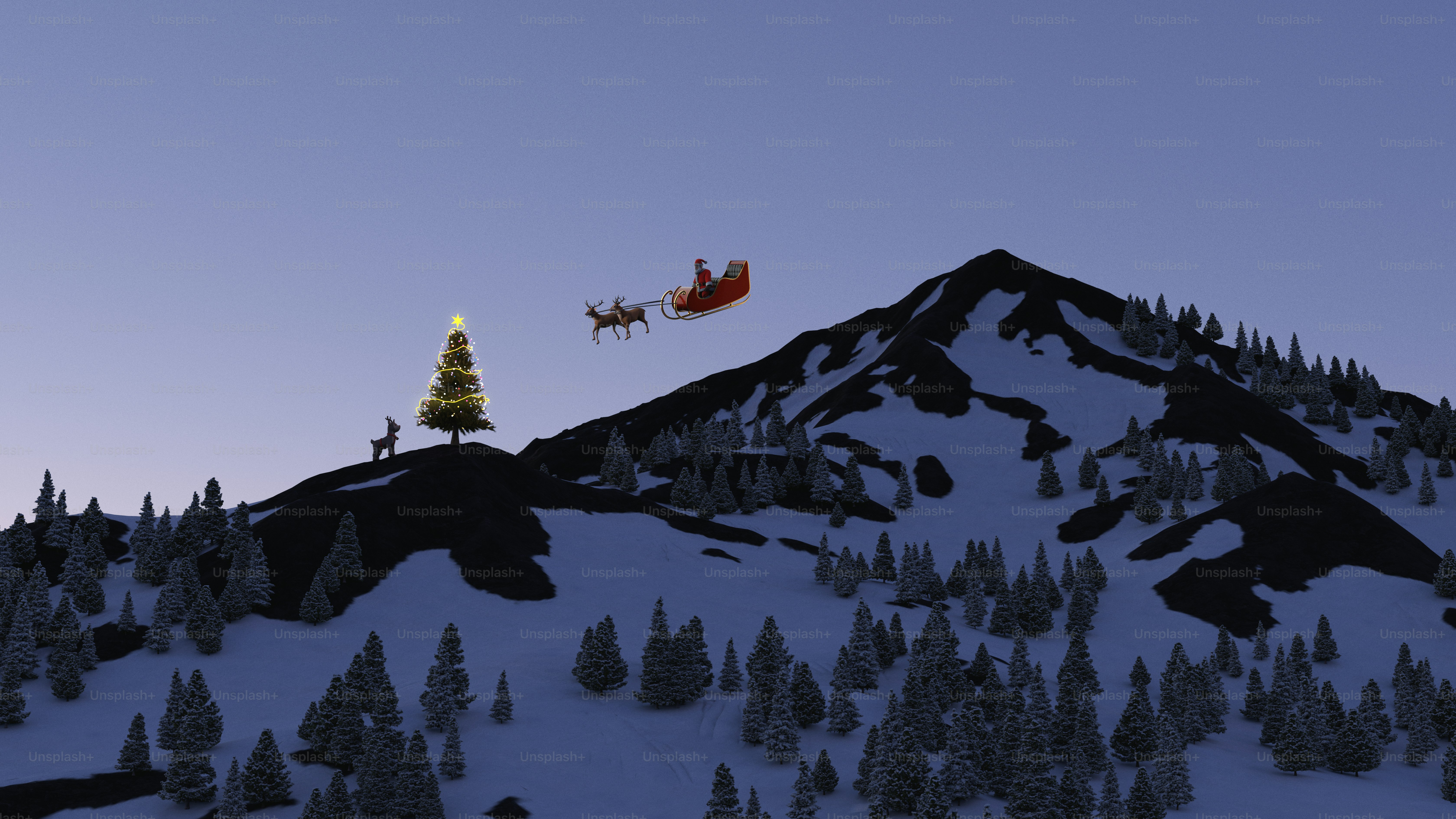 Santa's sleigh flies over snowy mountains at dusk.