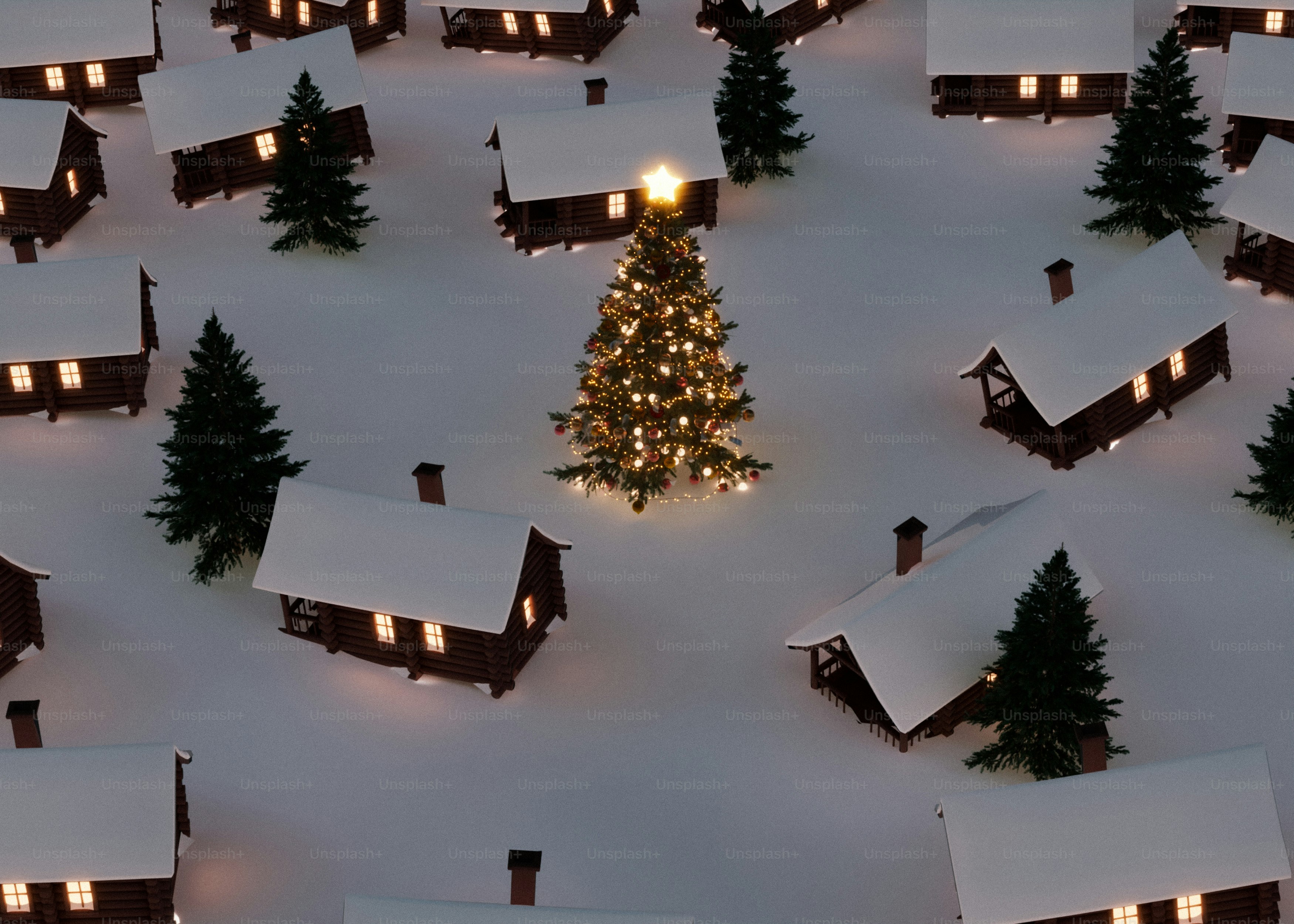A festive christmas tree in a snowy village