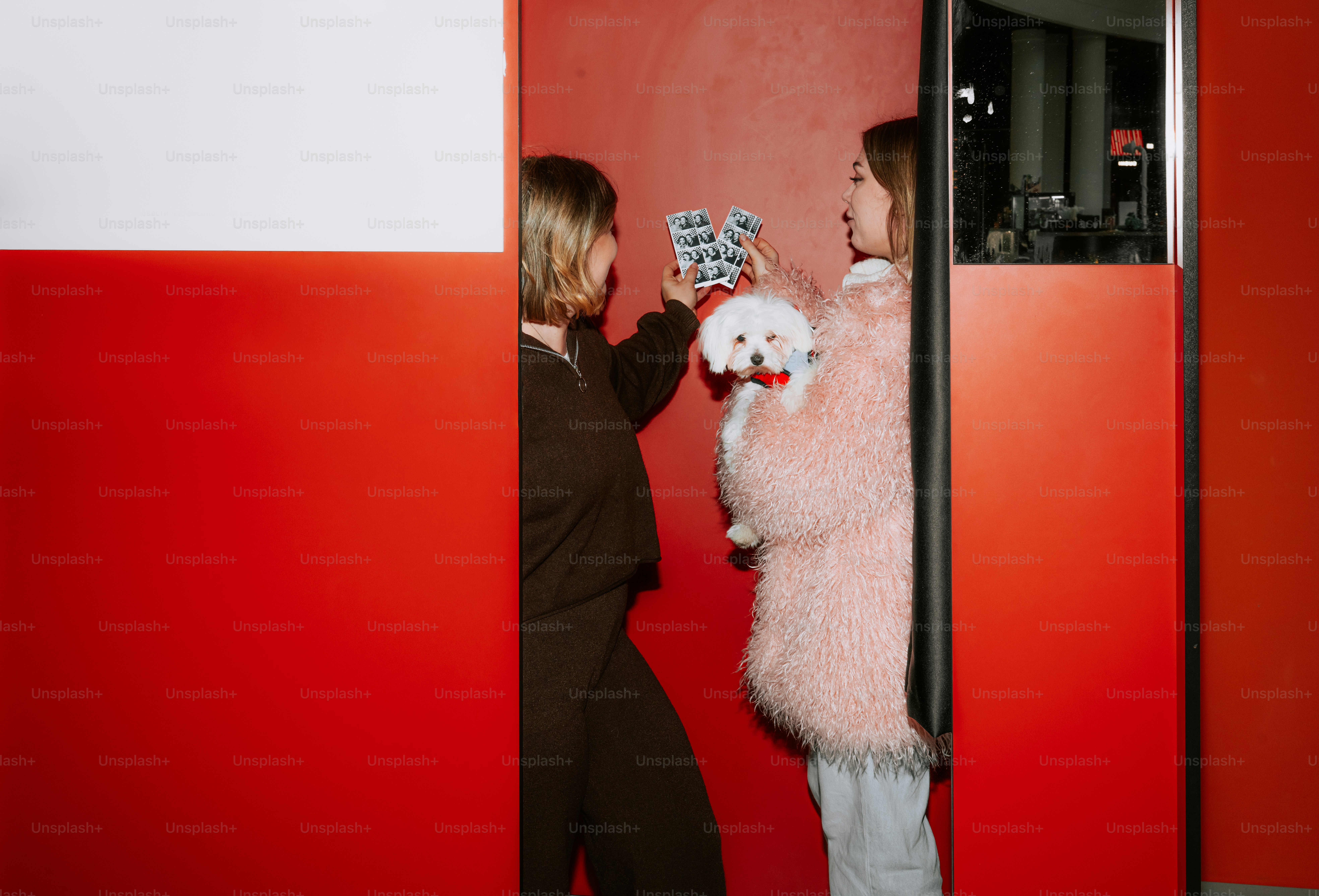 Two women holding a small white dog