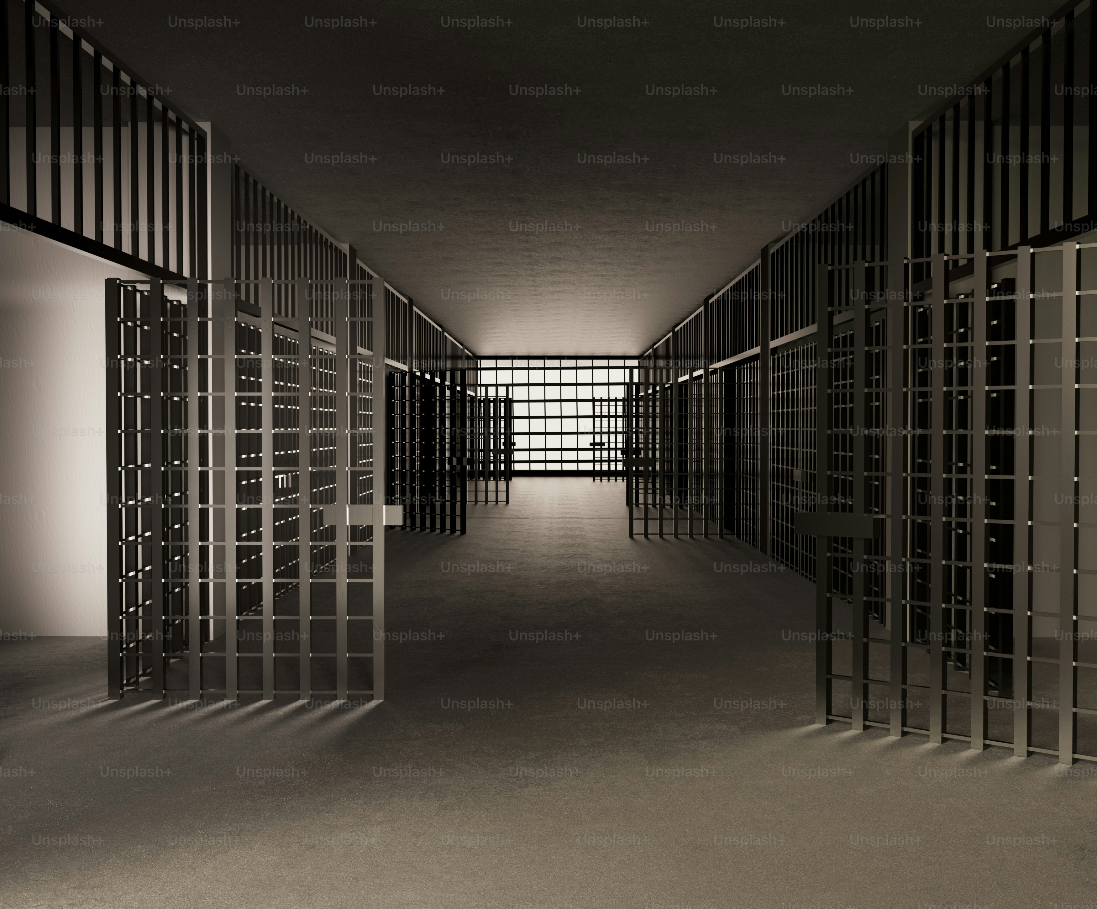 Empty prison cells with open doors in a hallway.