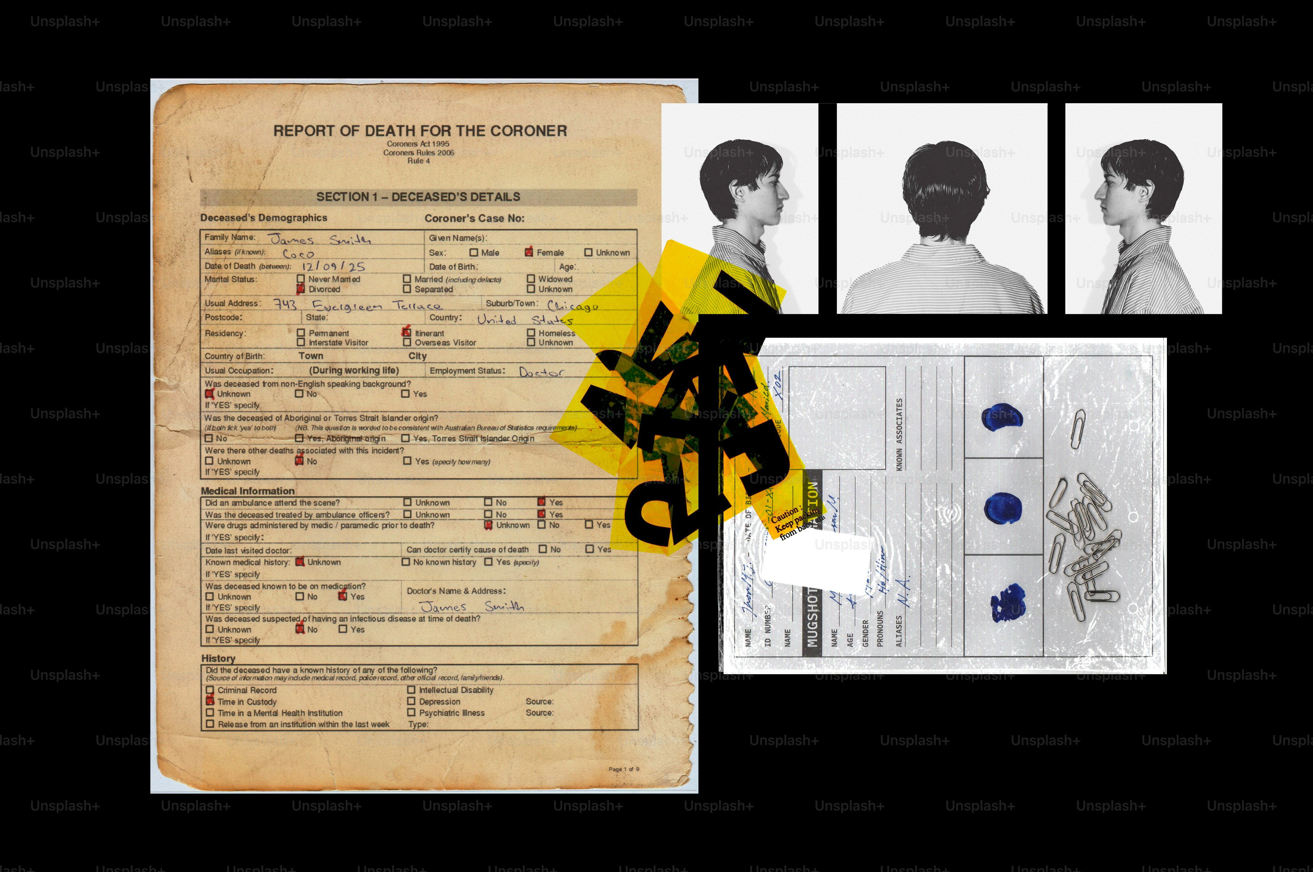 Bukti TKP dengan akta kematian dan mugshot