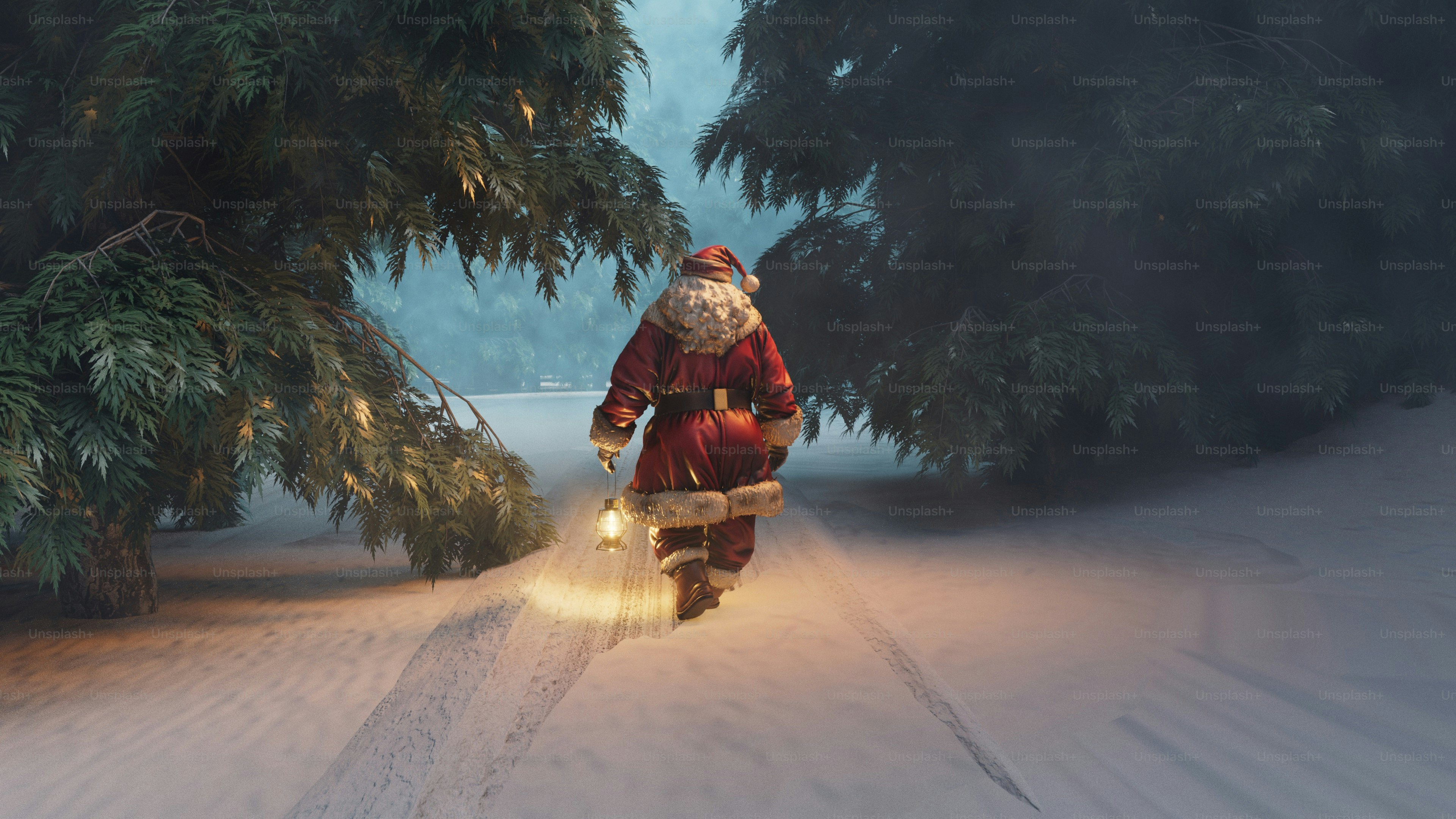 Santa claus walks through a snowy forest with lantern photo – Christmas ...