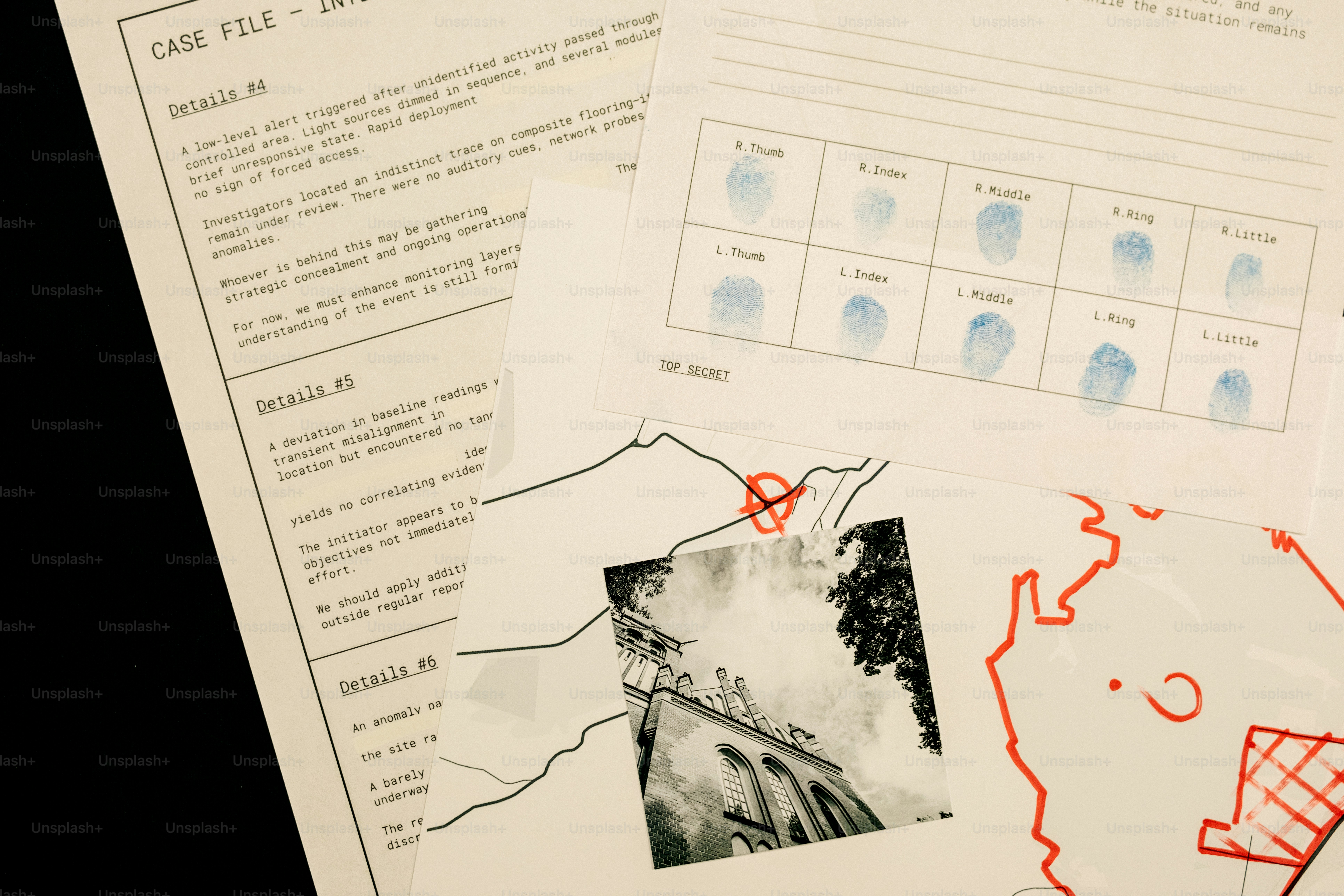 Case file with fingerprints, map, and building photo.