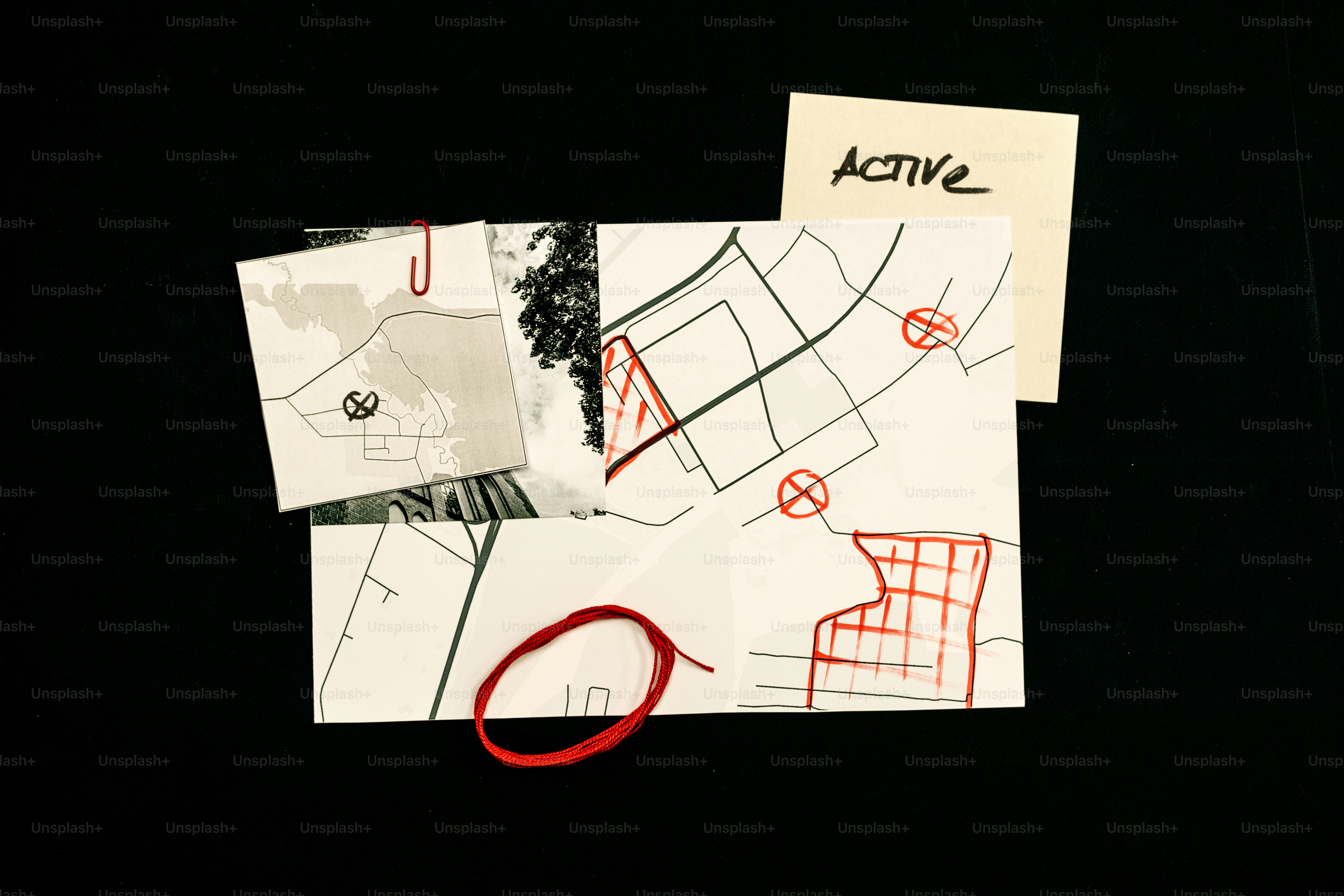 Karten mit roten Markierungen und einem gelben Klebezettel.