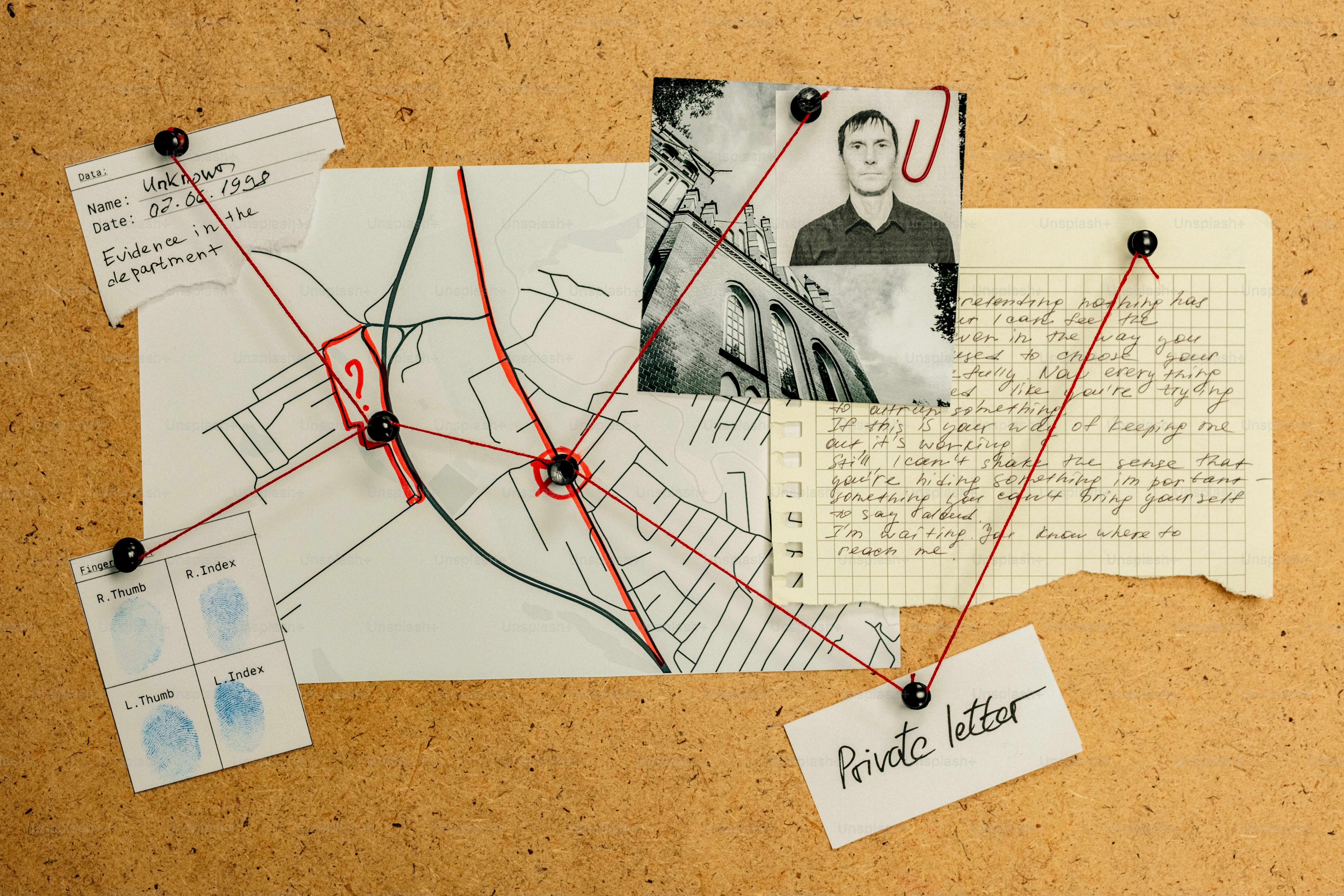 Conselho de investigação criminal com mapa e fotos