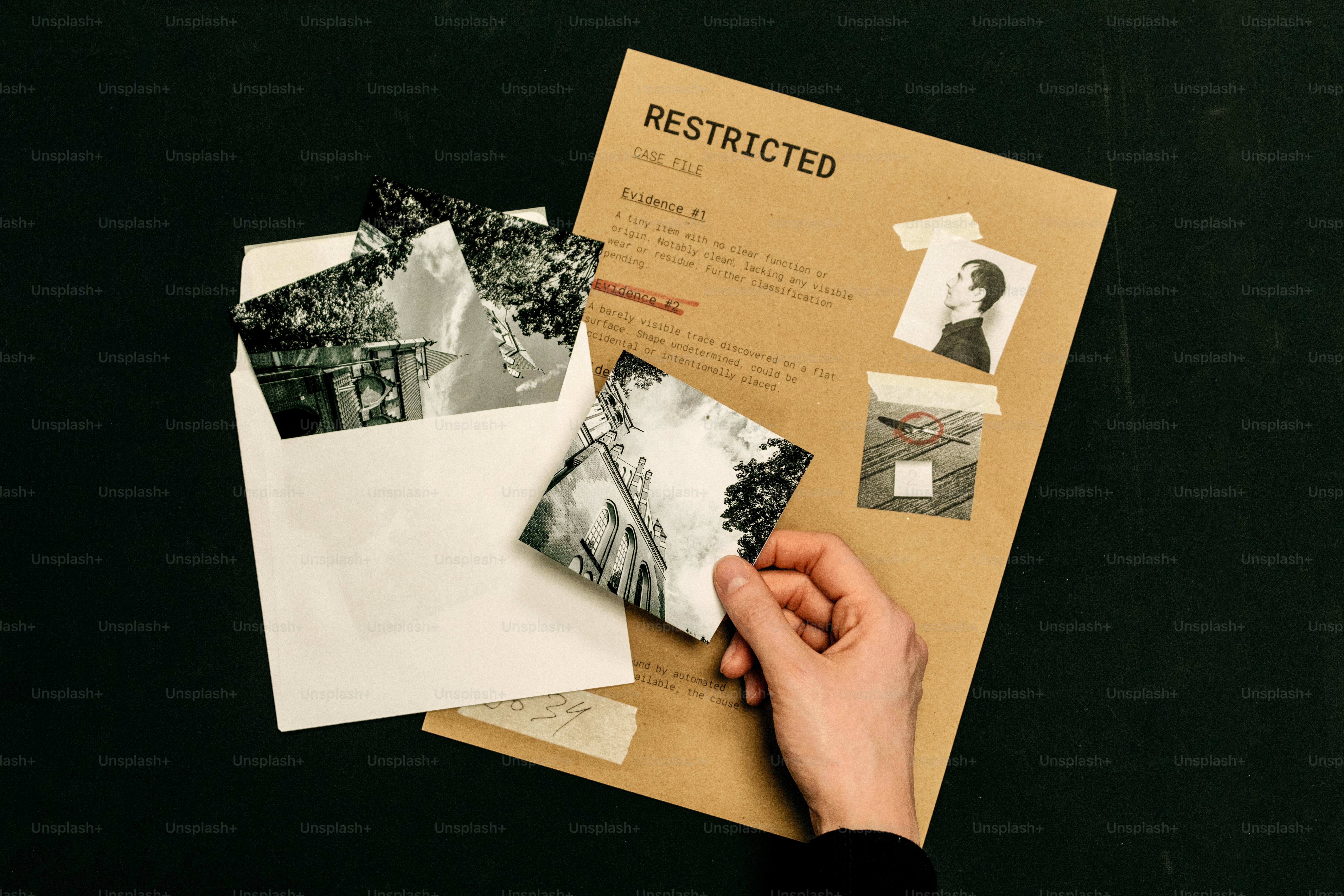 Hand holding photograph near restricted document