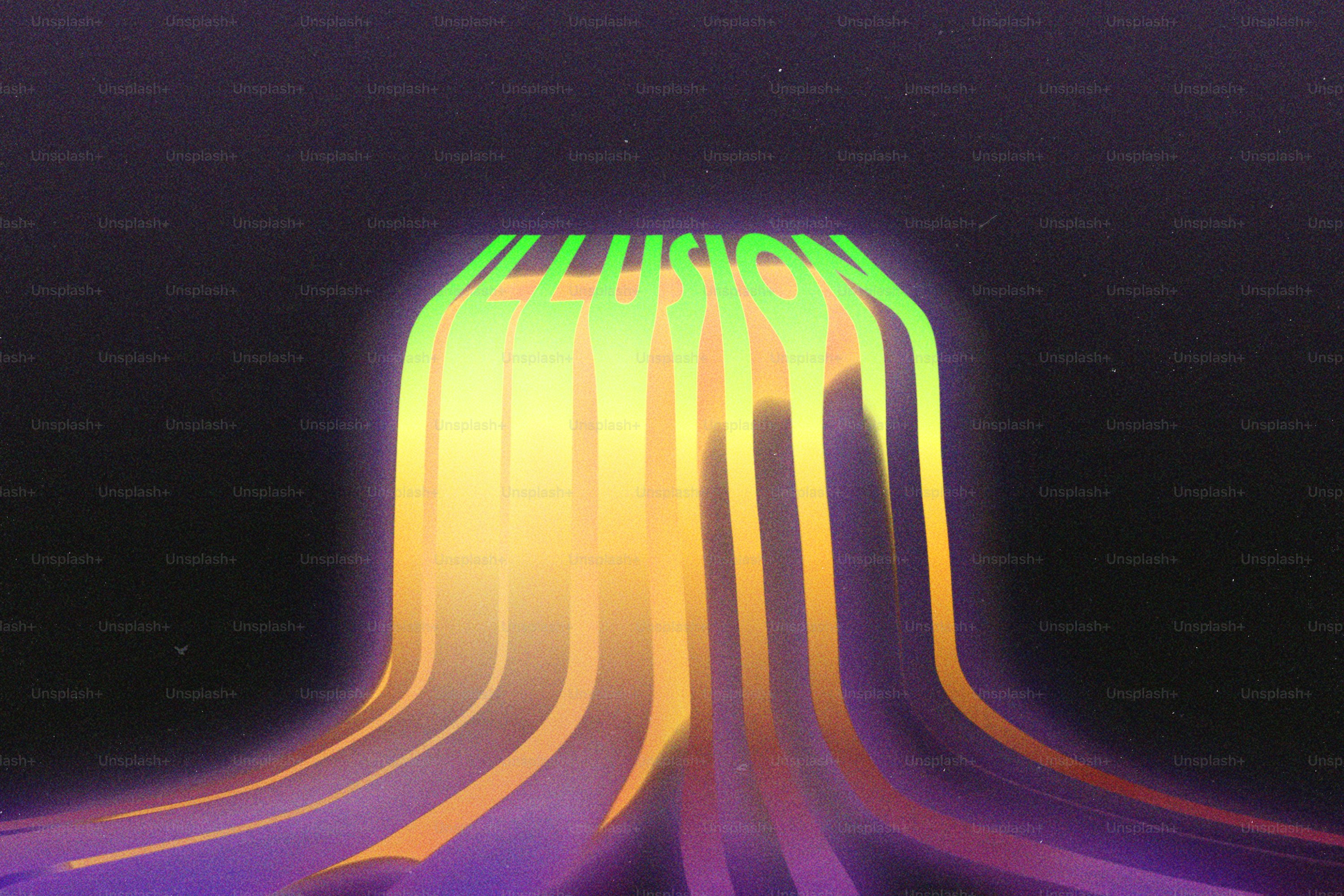 Glowing neon word illusion with colorful light streams