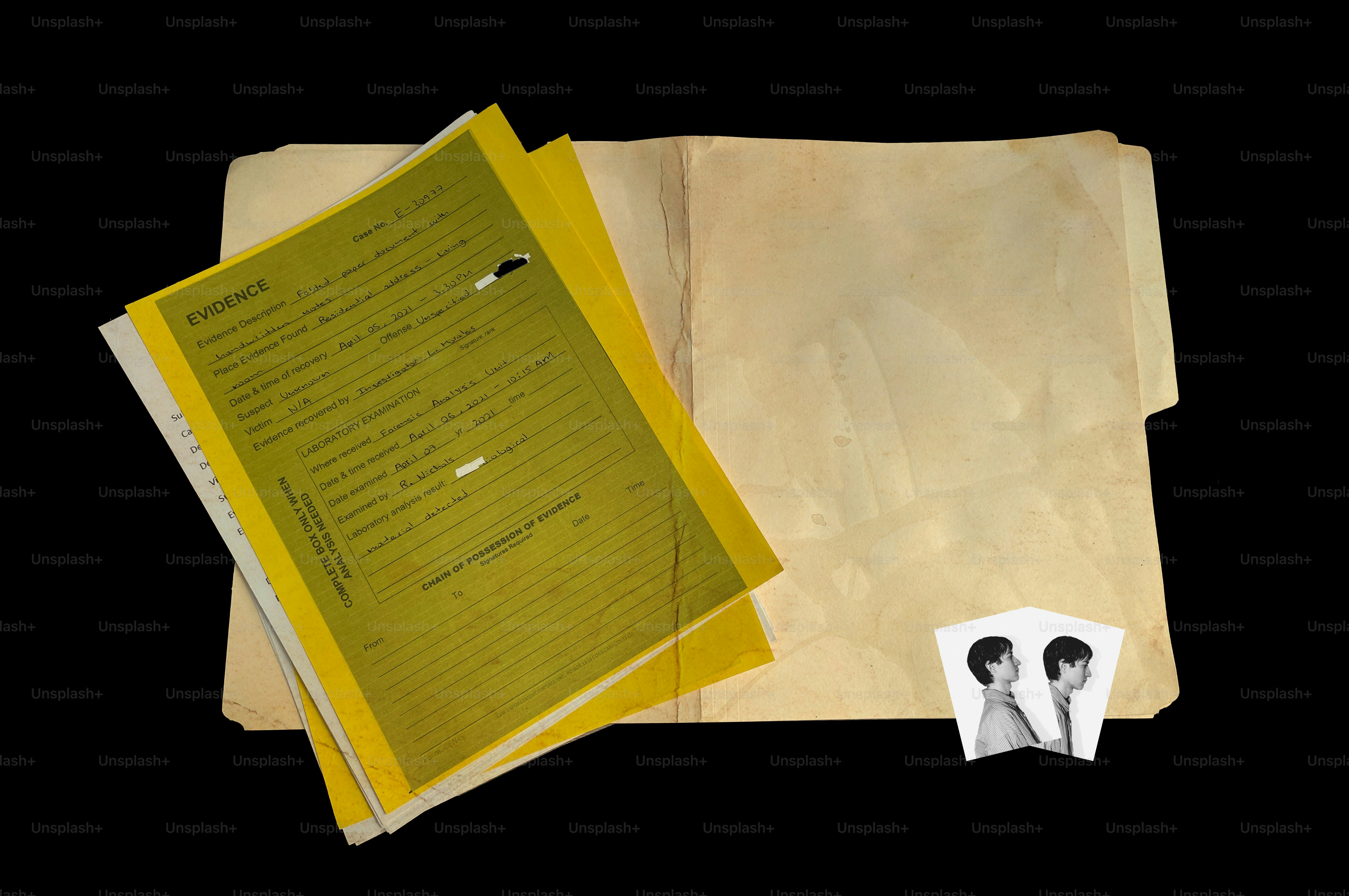 Stack of old papers and two small photos.