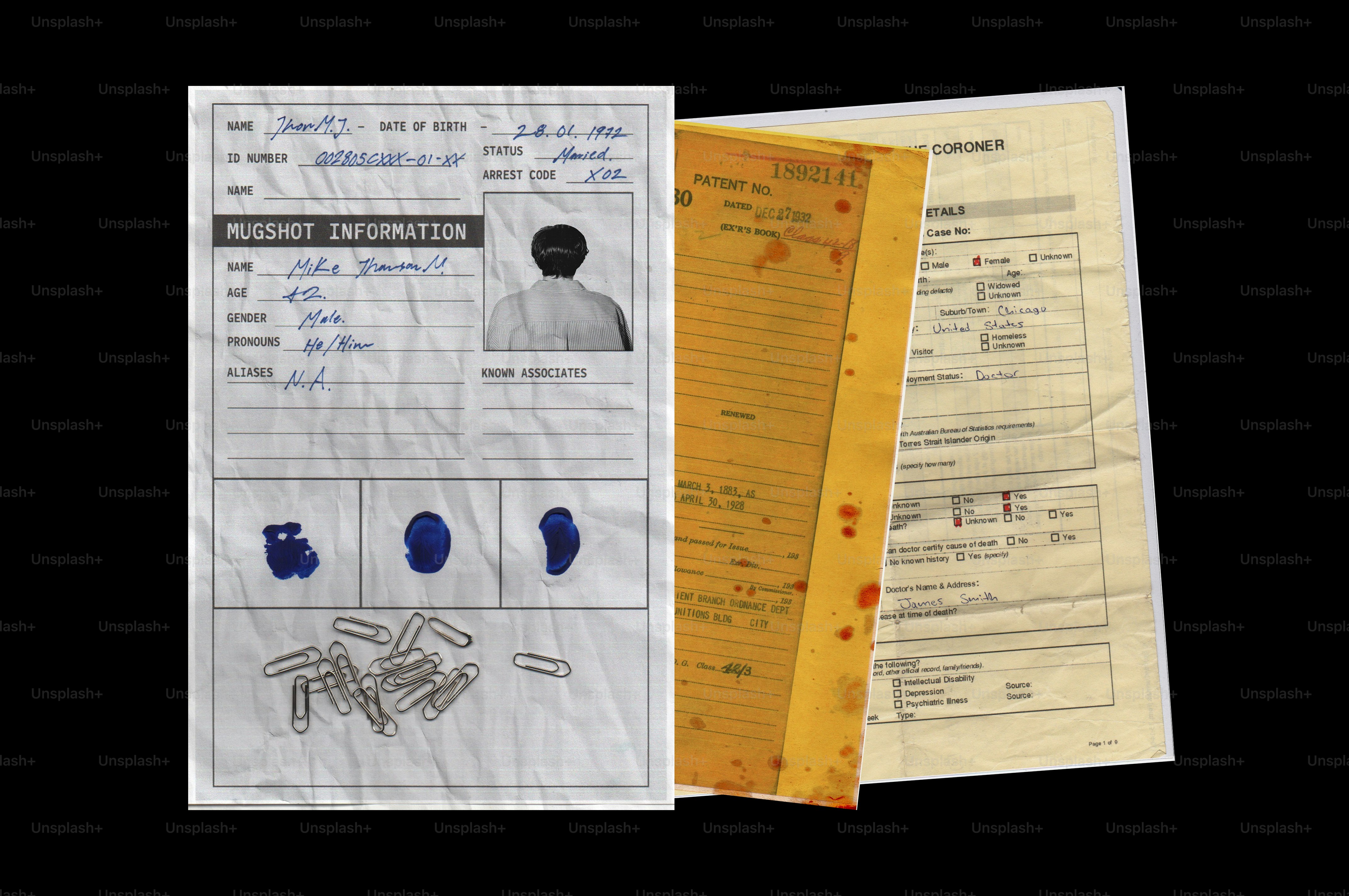 Old documents and evidence on a black background