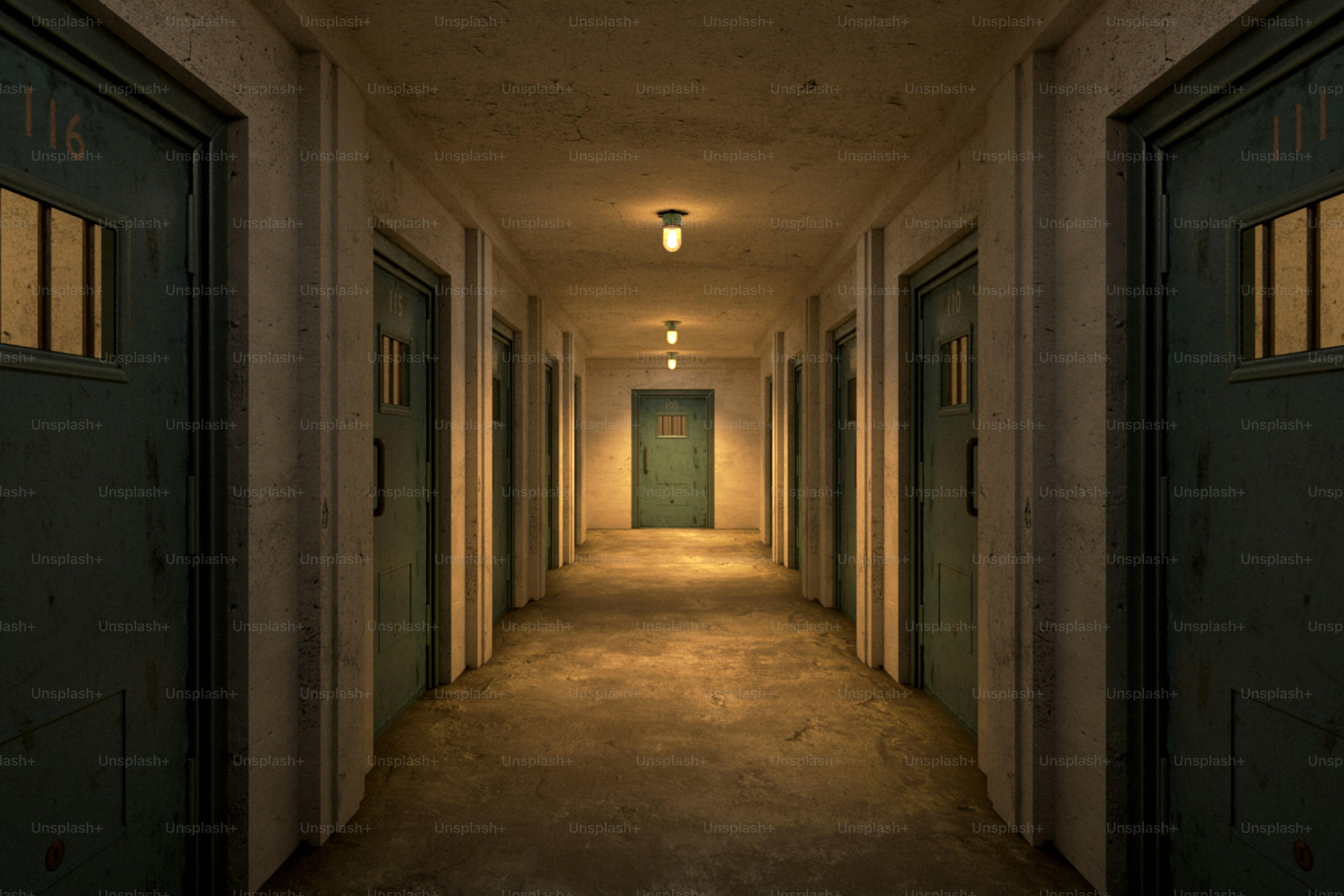 Un largo pasillo de prisión tenuemente iluminado con puertas.