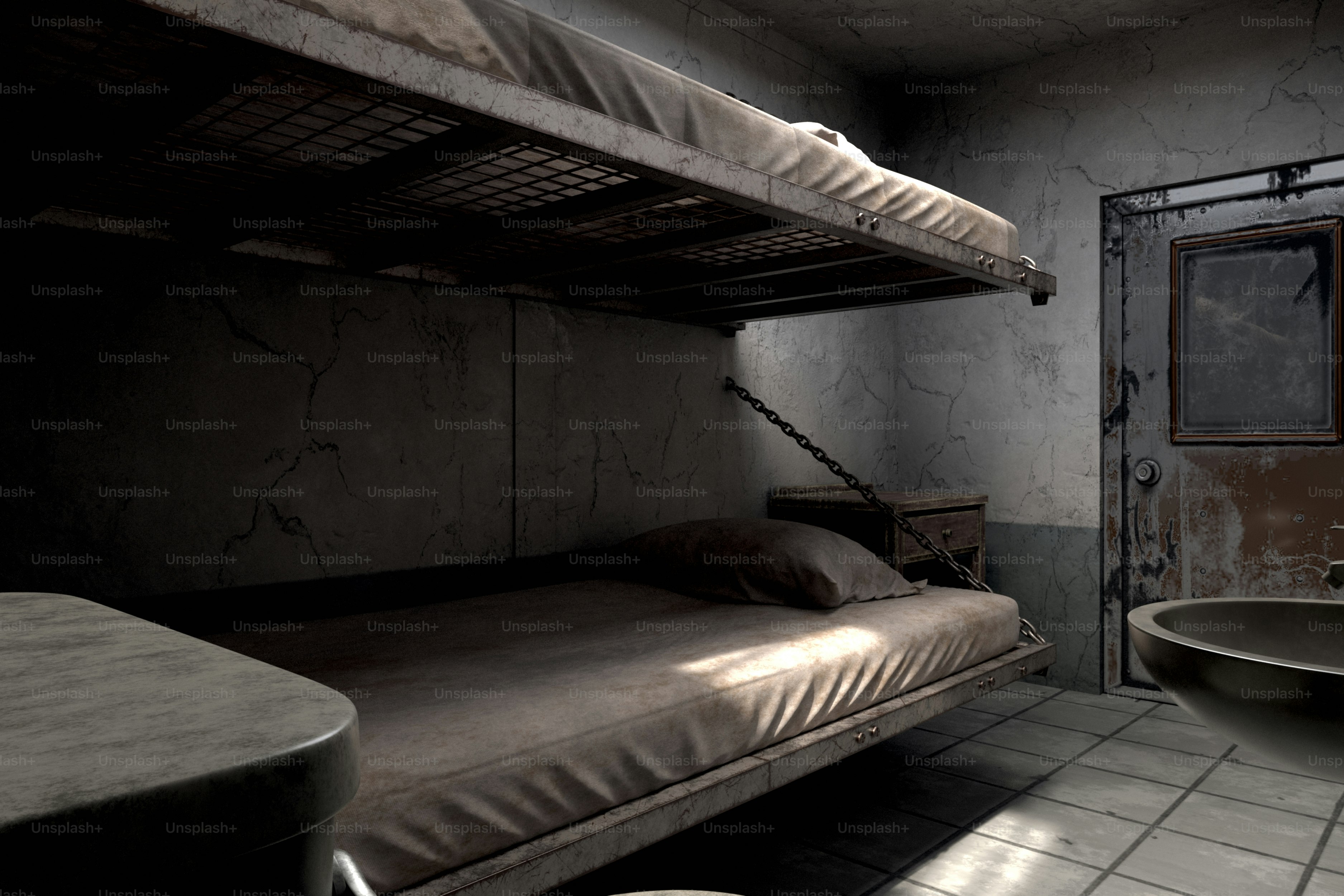 Camas literas en una habitación tenue y austera.