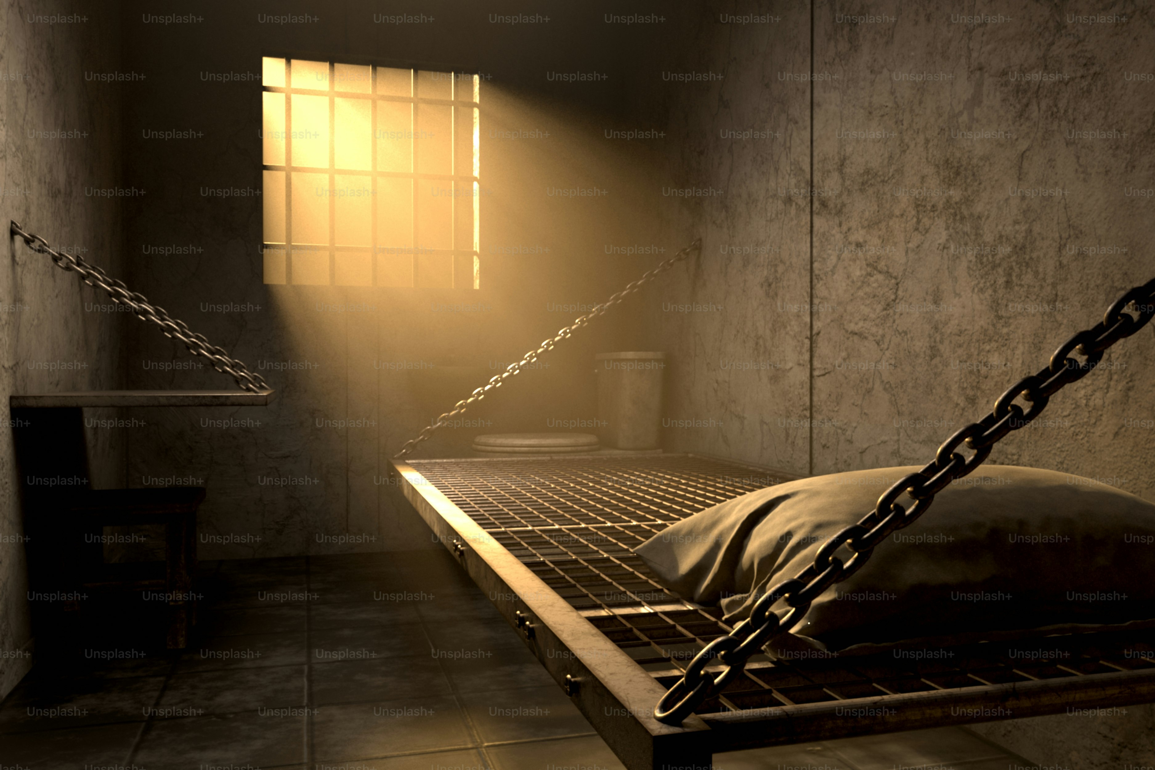 Una celda de prisión con una cama y luz del sol por la ventana.