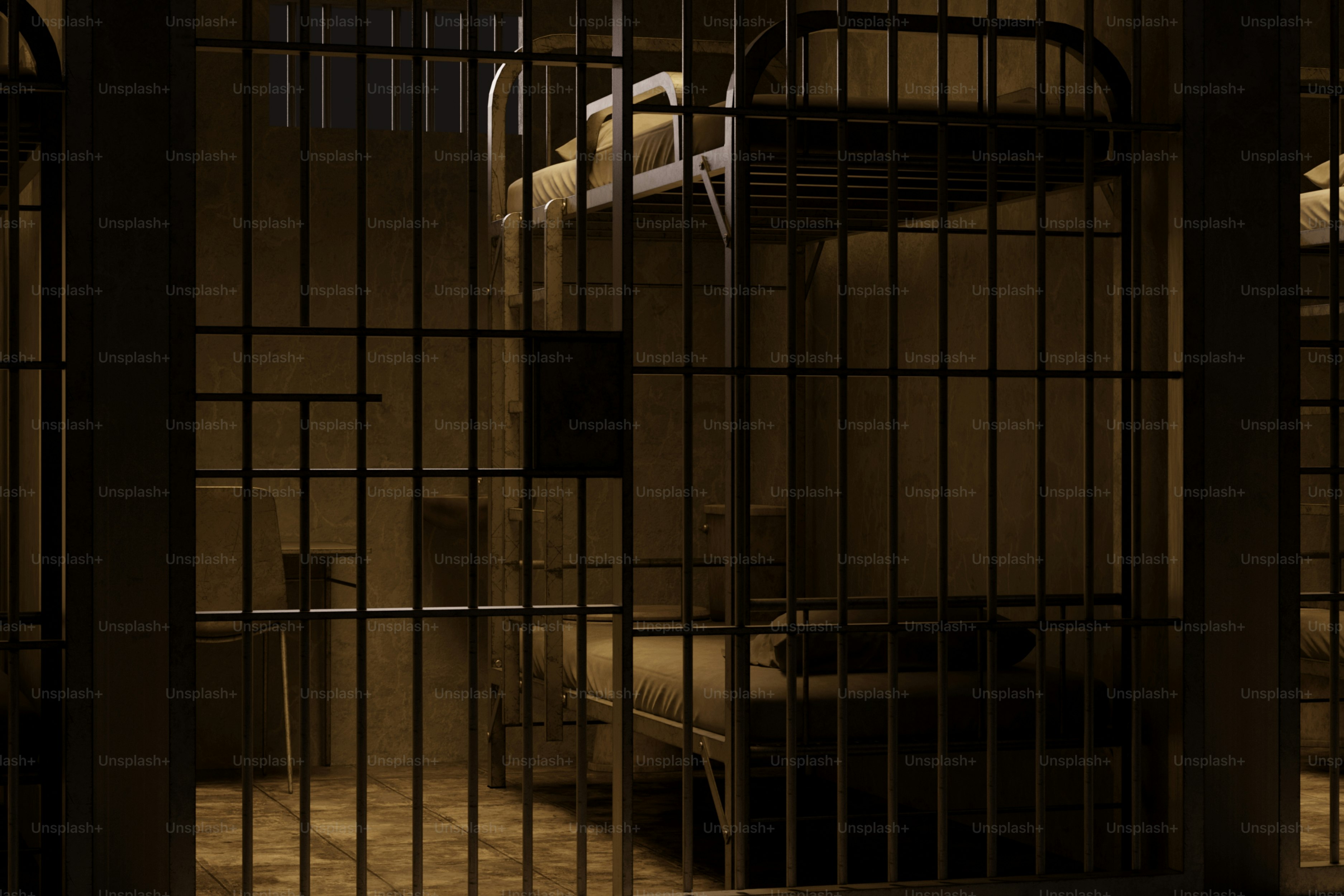 Camas literas dentro de una celda de prisión tenuemente iluminada.