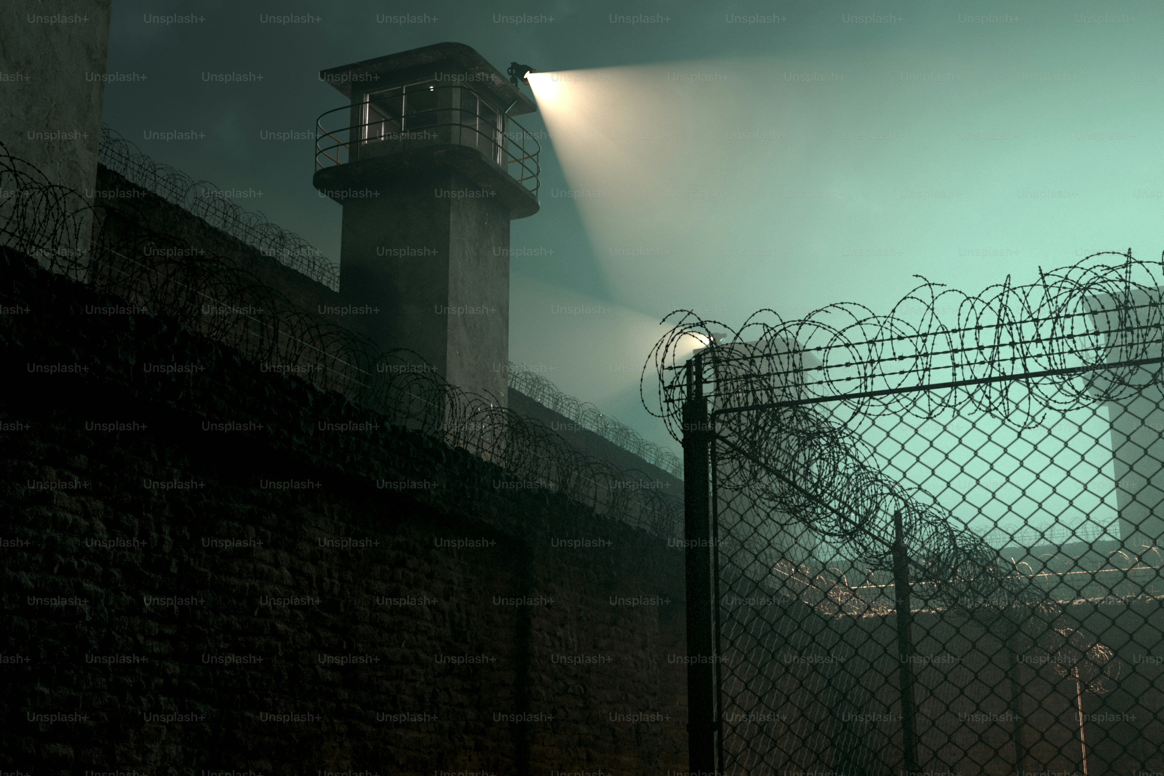 Una torre de guardia de prisión ilumina por la noche.