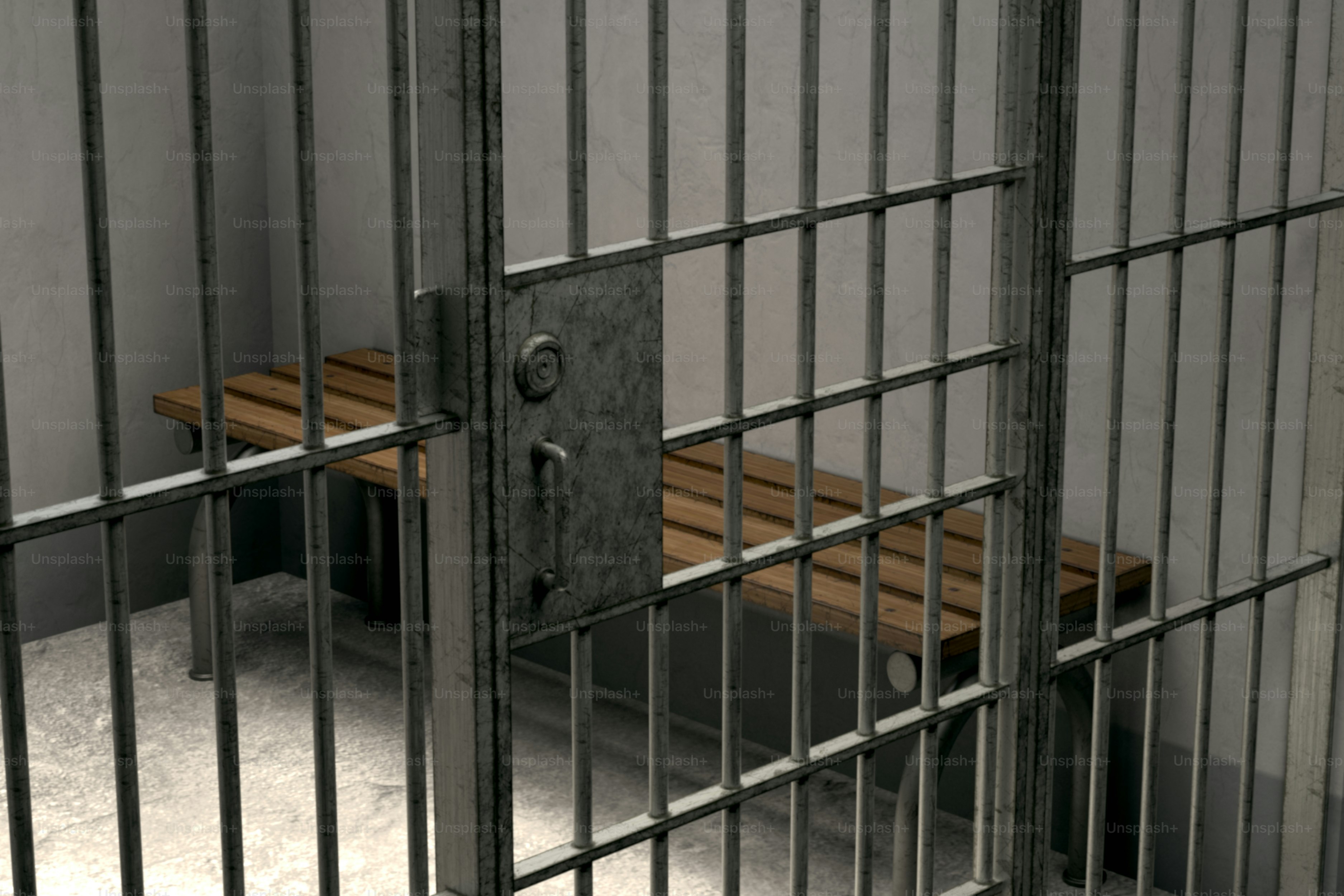 Celda de prisión vacía con un banco de madera dentro