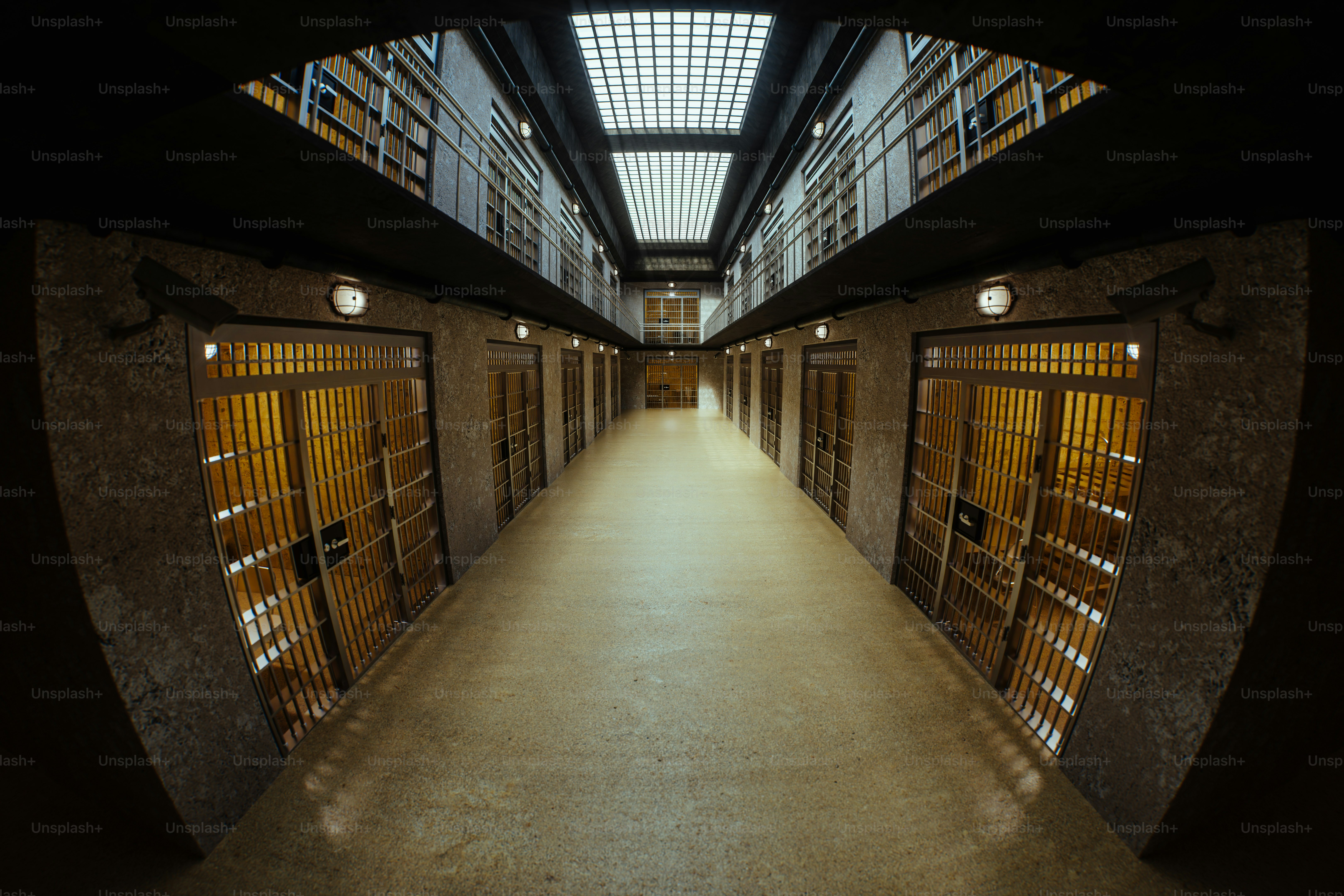 Brick building with barred windows and security cameras photo ...