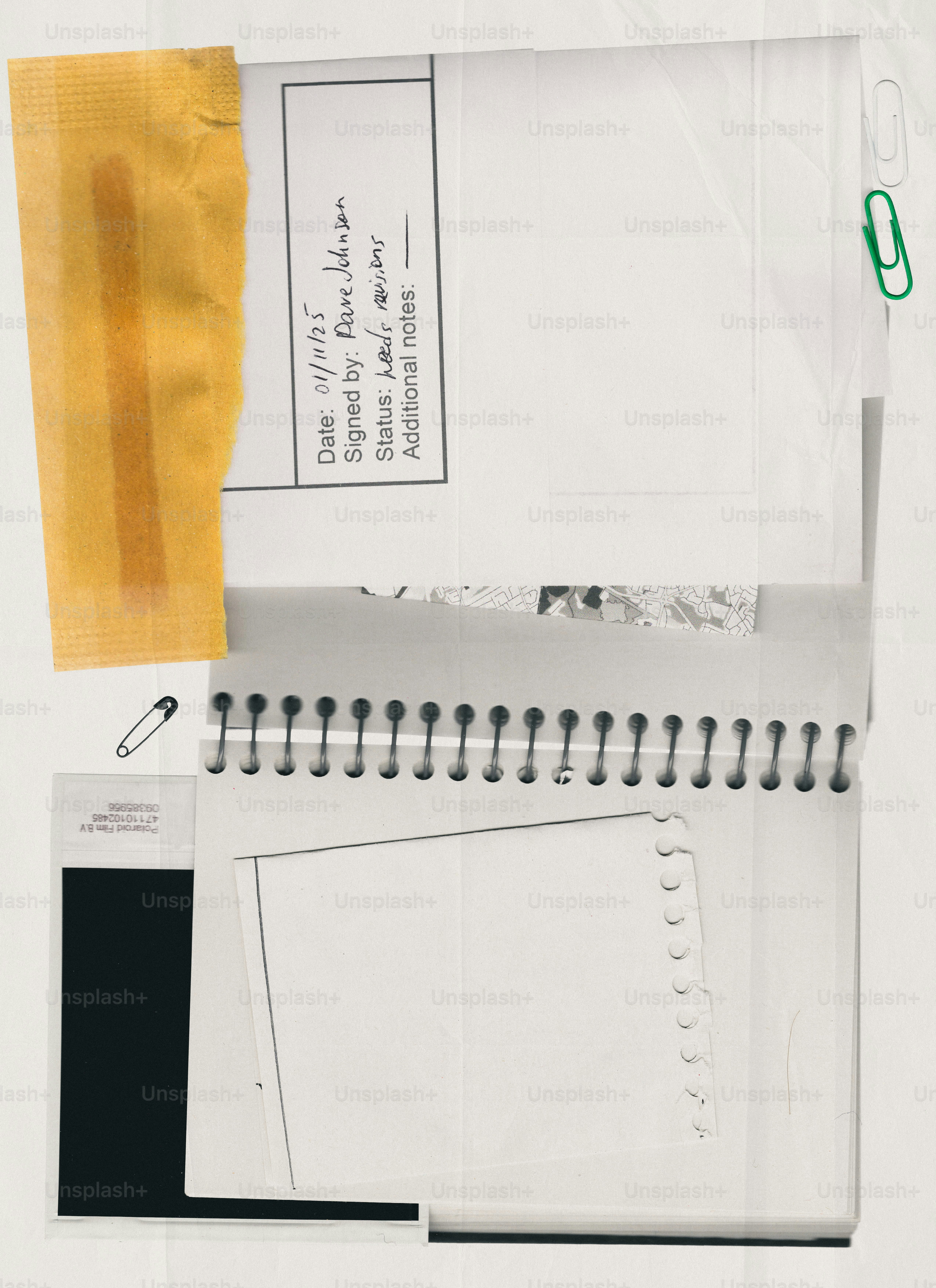 Documentos e materiais de escritório em uma superfície branca