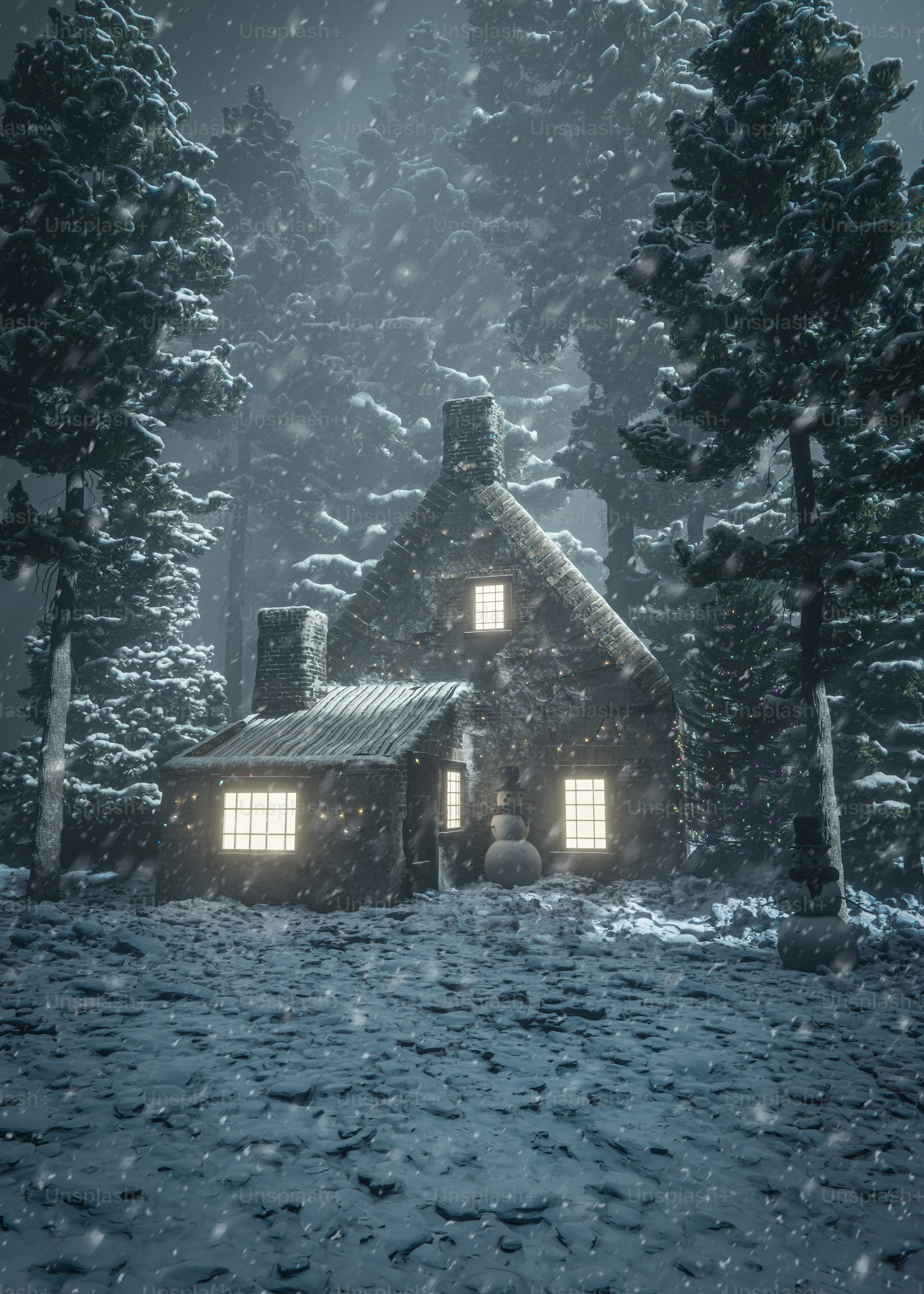 Cottage en pierre douillet dans une forêt enneigée avec bonhomme de neige