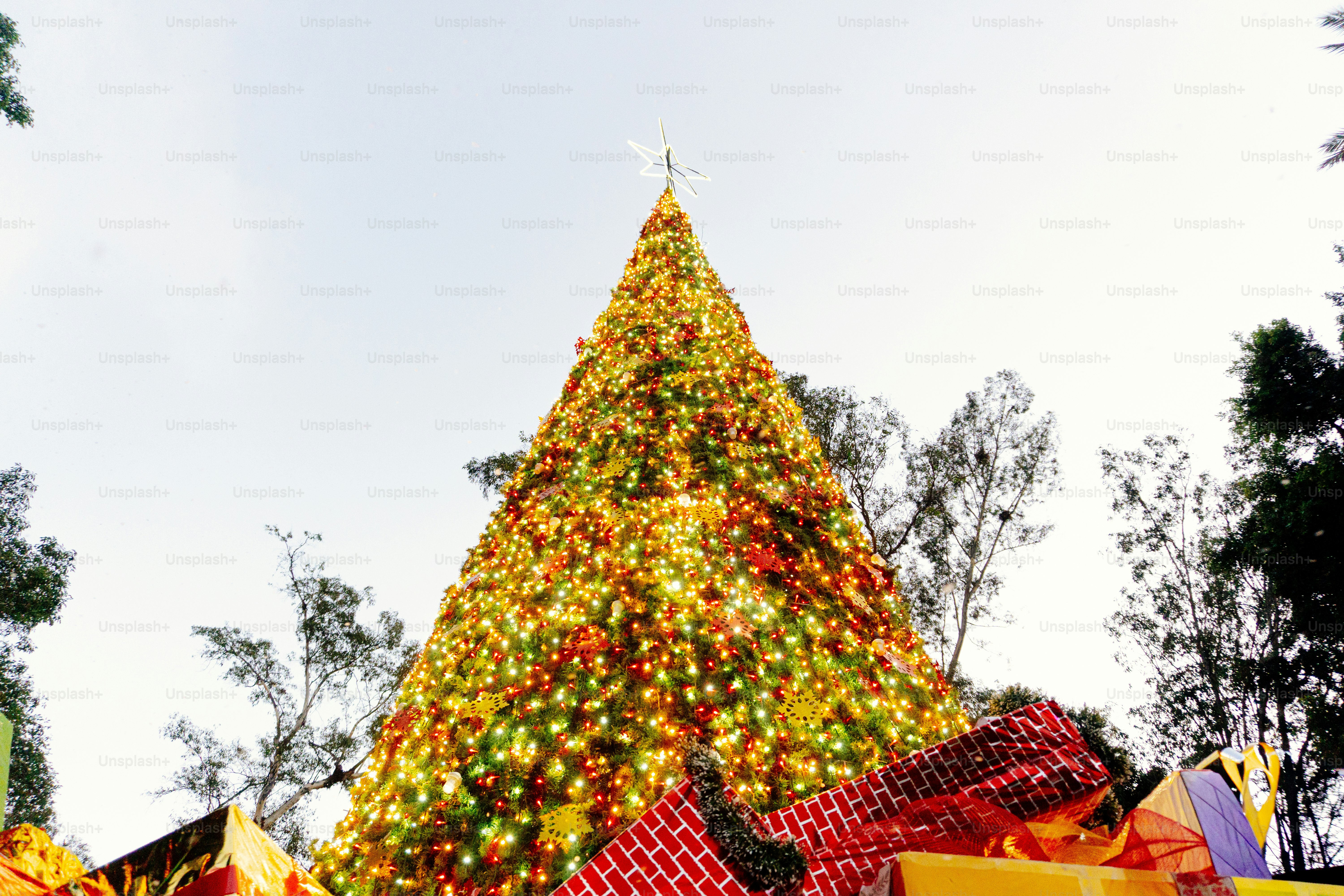 A large, decorated christmas tree with gifts below.