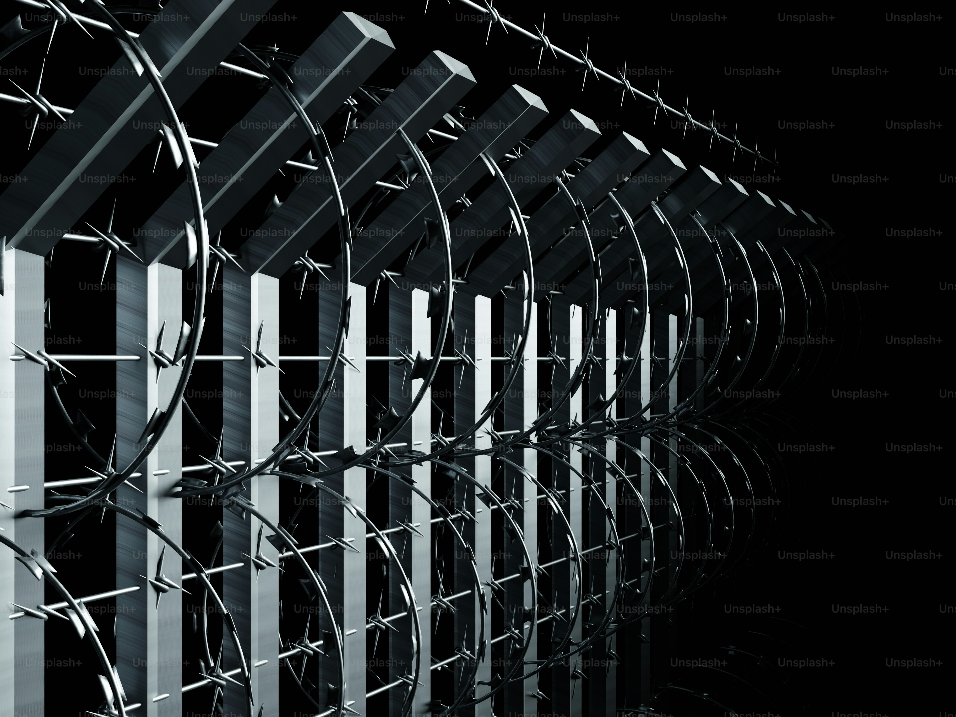 Nachts ein Metallzaun mit Stacheldraht.